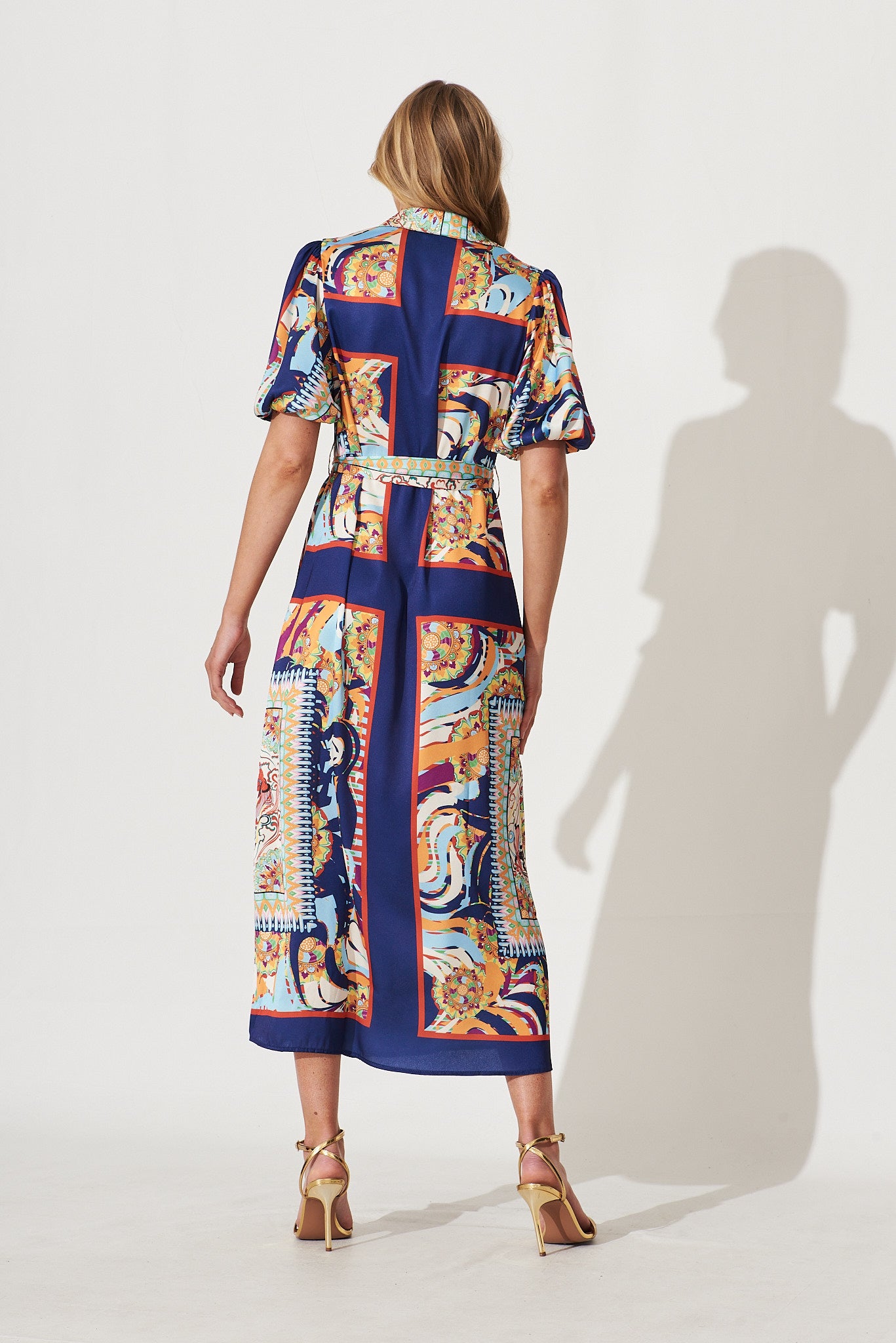 Gabriela Maxi Shirt Dress In Navy Multi Print Satin