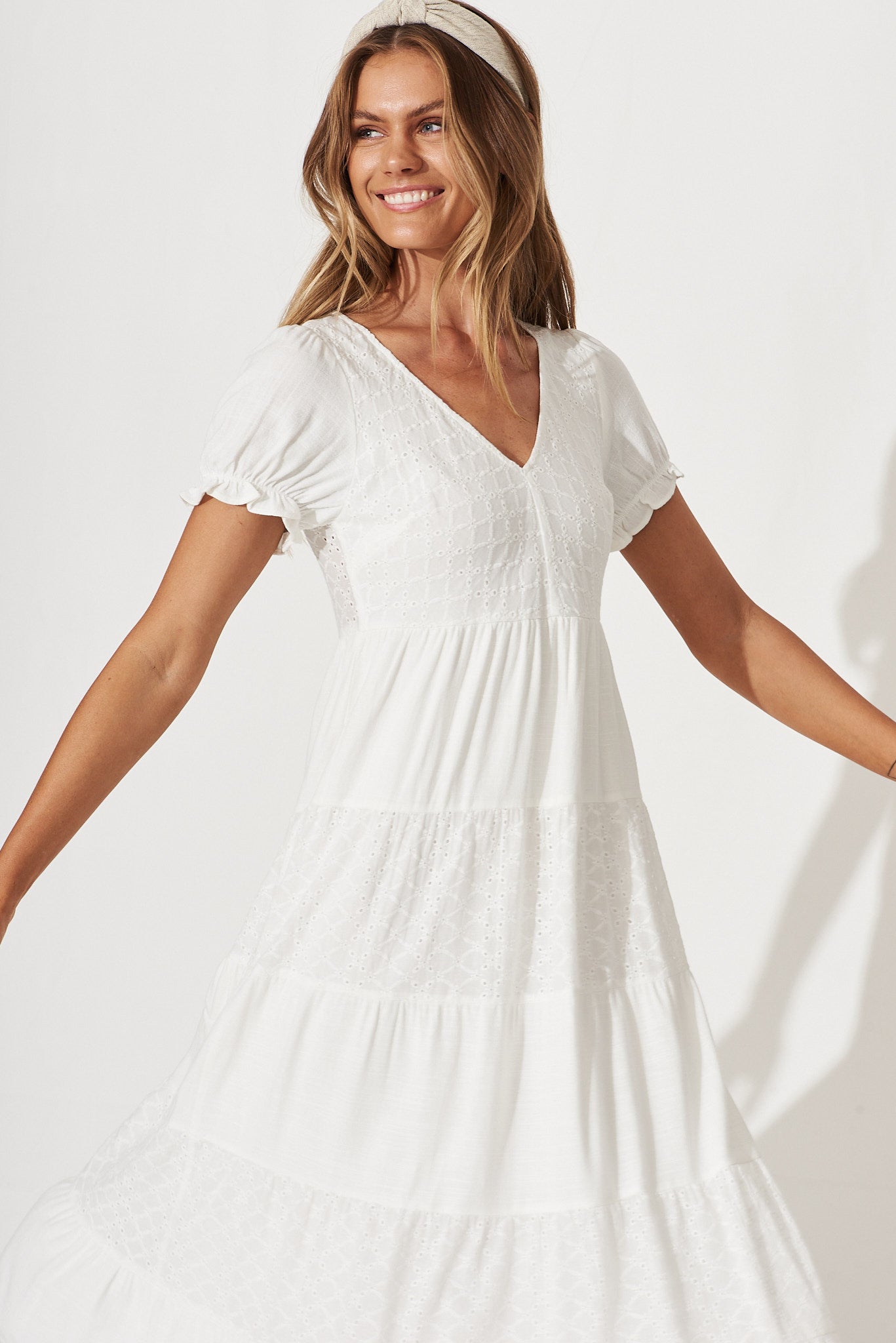 Baby Love Midi Dress In White Cotton Linen Broderie