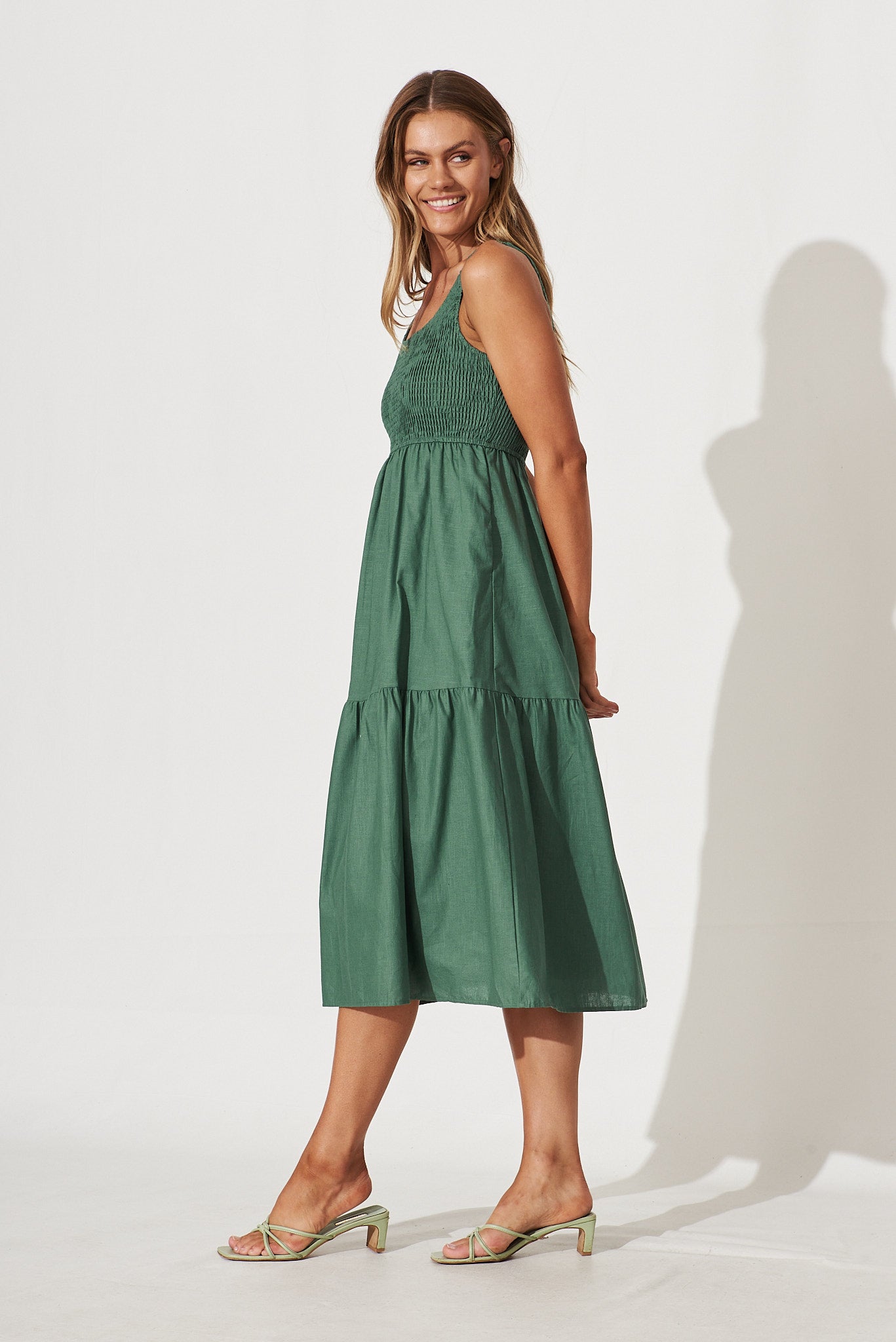 Caribbean Midi Dress In Green Cotton Linen