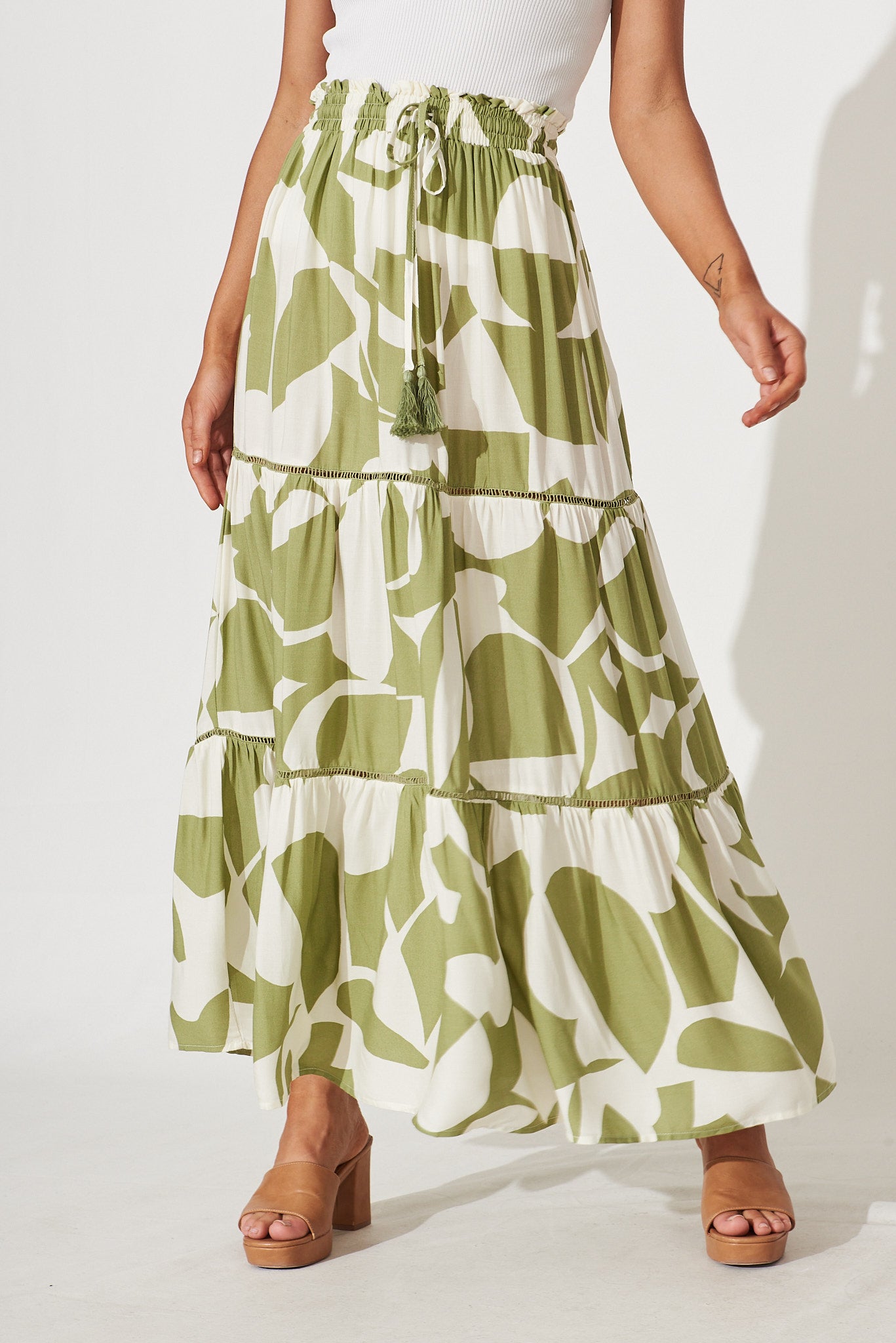 Freedom Maxi Skirt In Olive And Cream Geometric Print