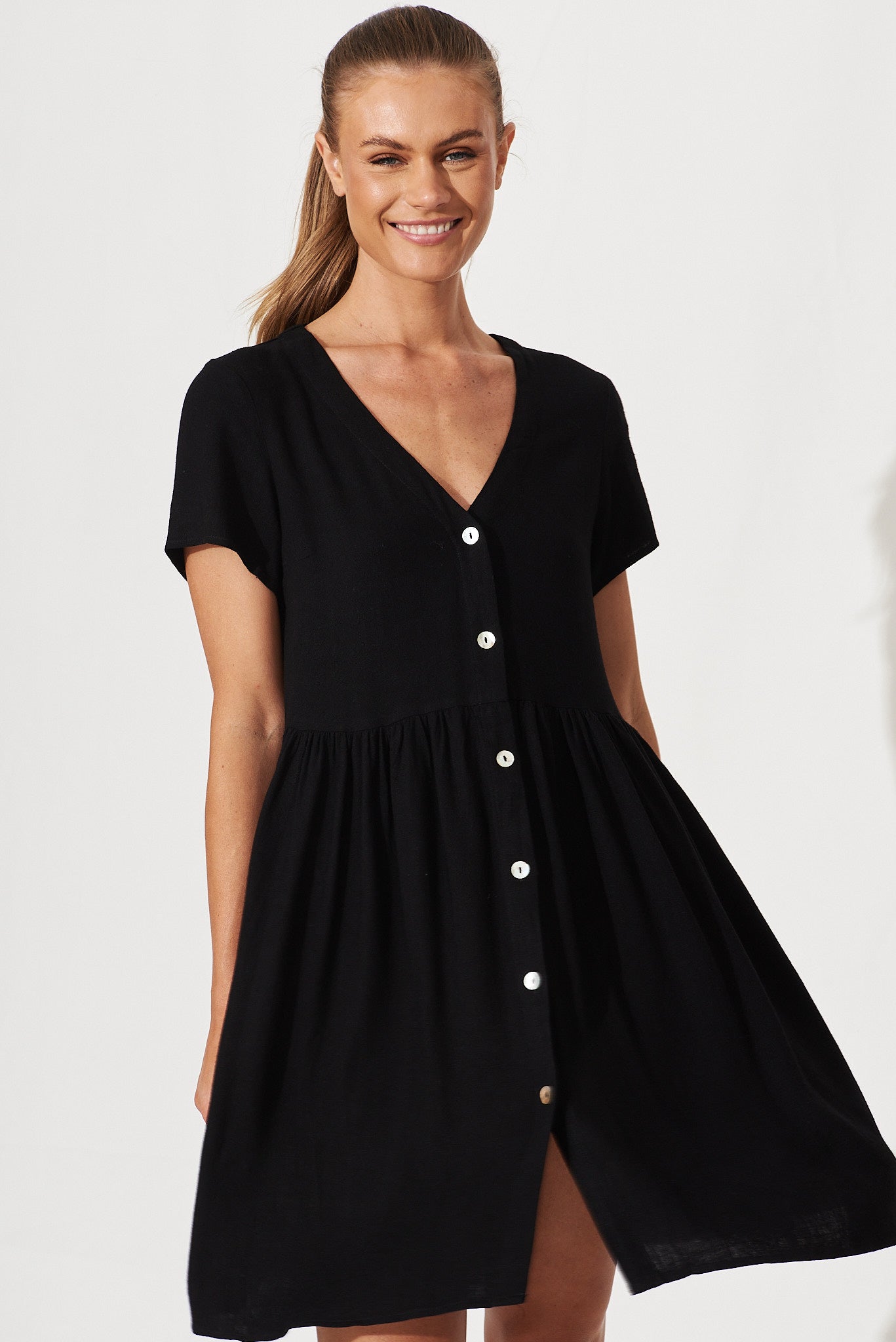 Horizon Smock Dress In Black Linen Blend