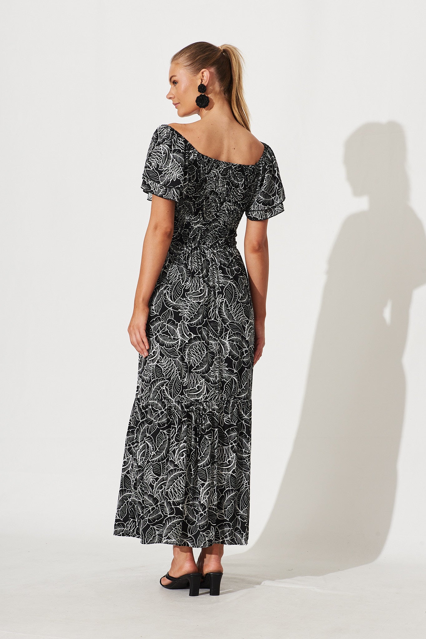 Demi Maxi Dress In Black With White Leaf Print