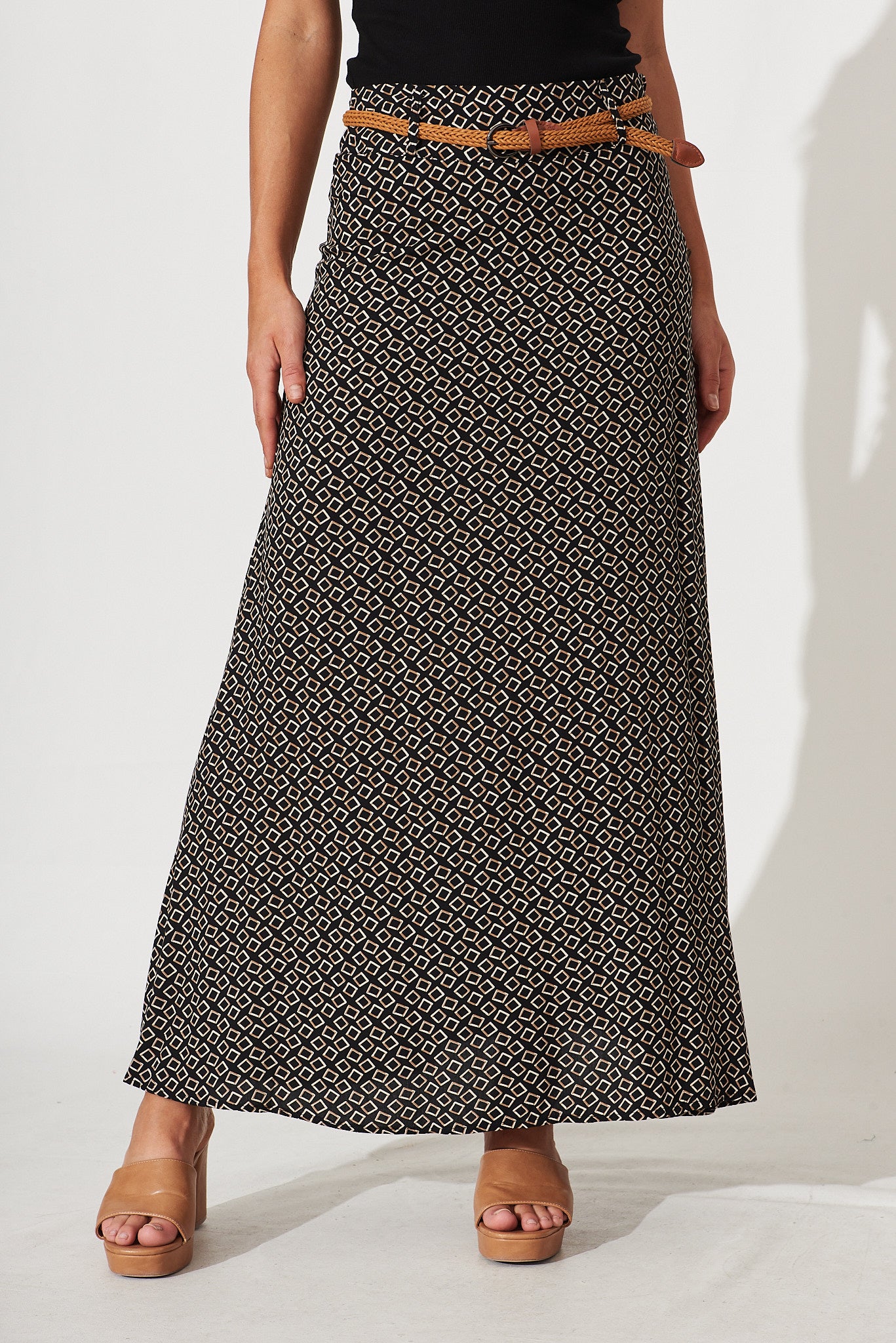 Josephine Maxi Skirt With Belt In Black Square Print