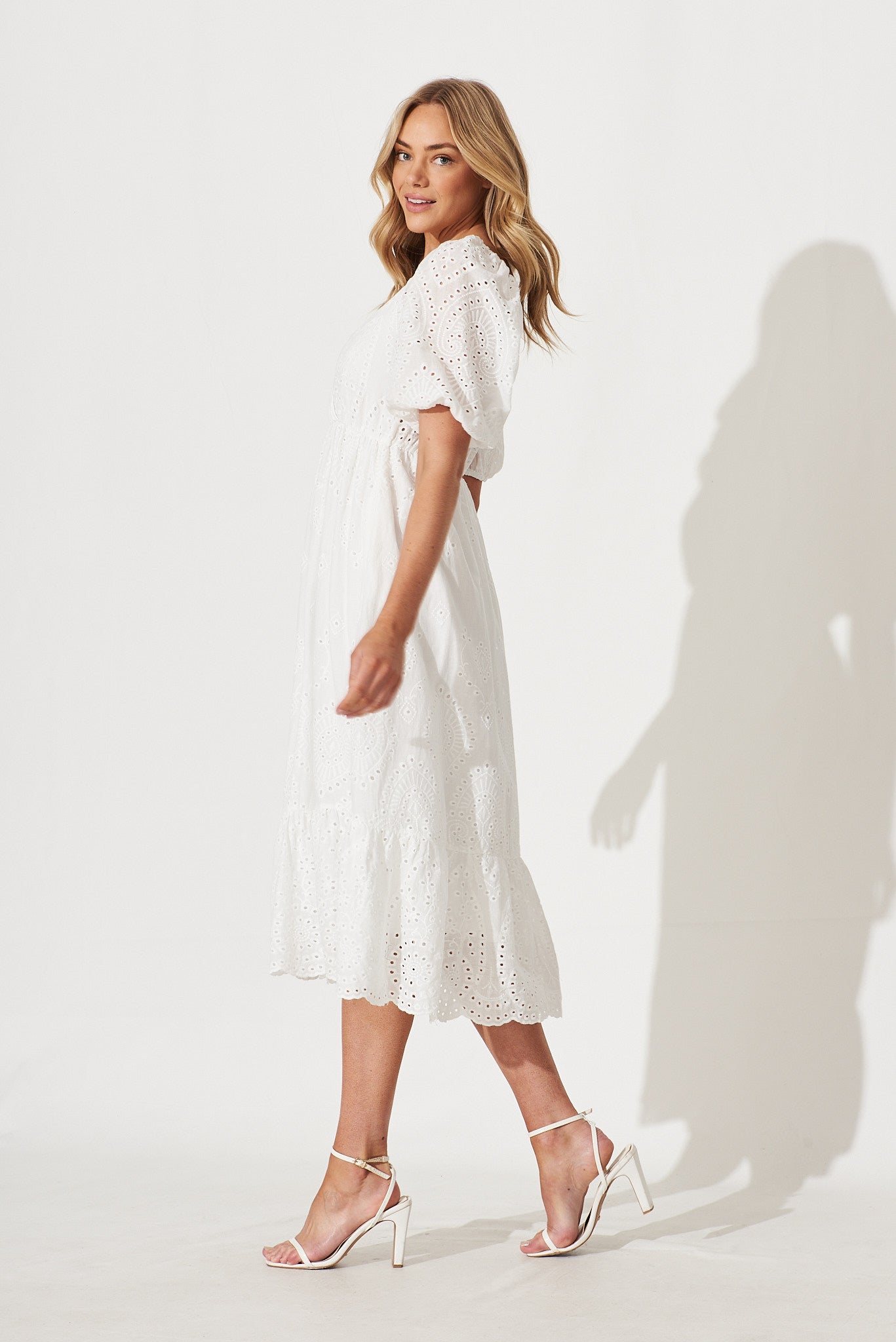 Daylin Midi Dress In White Cotton Broderie