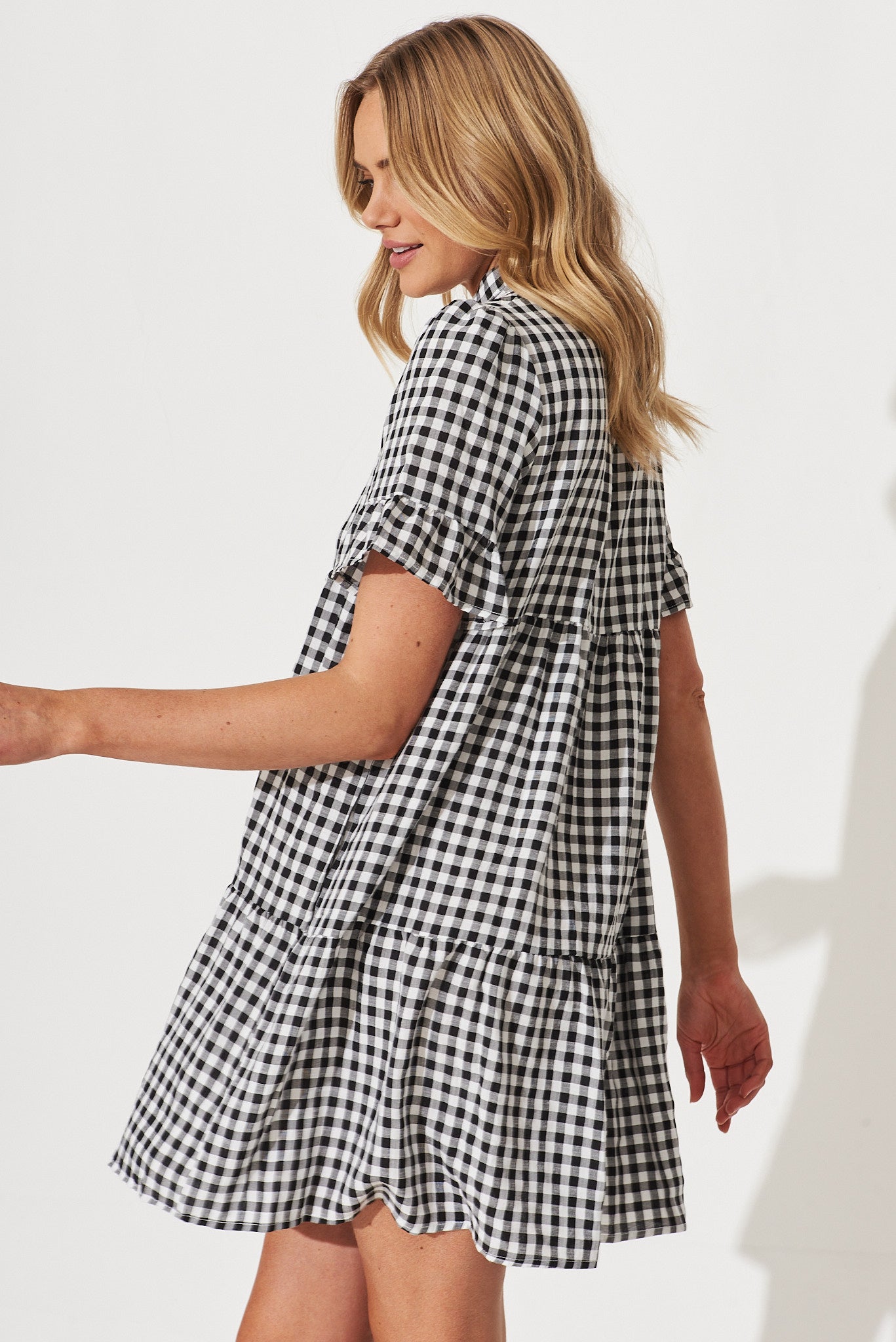 Danna Smock Dress In Black And White Gingham Cotton Blend