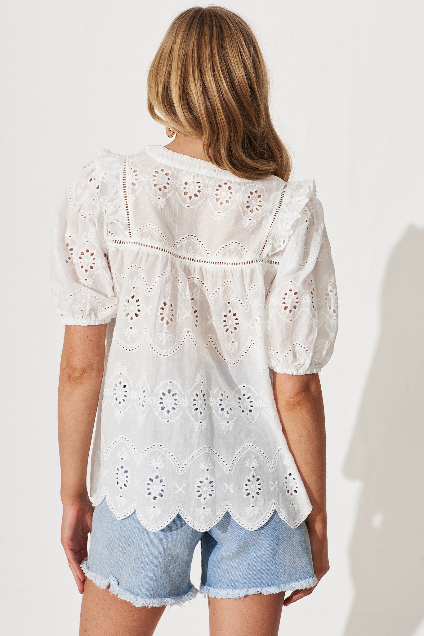 Angelina Shirt In White Cotton Broderie