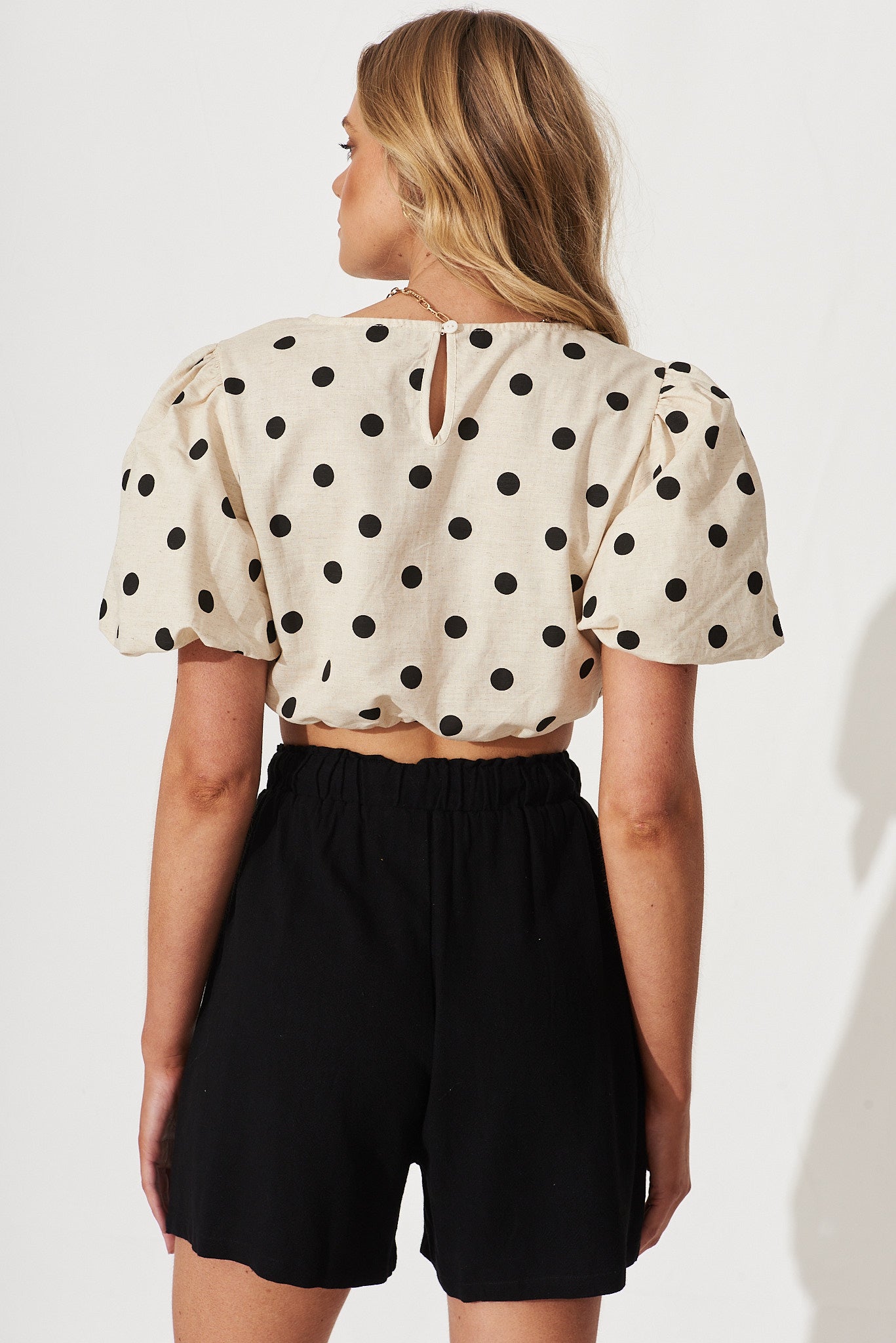 Bell Top In Oatmeal With Black Polka Dot Linen Blend