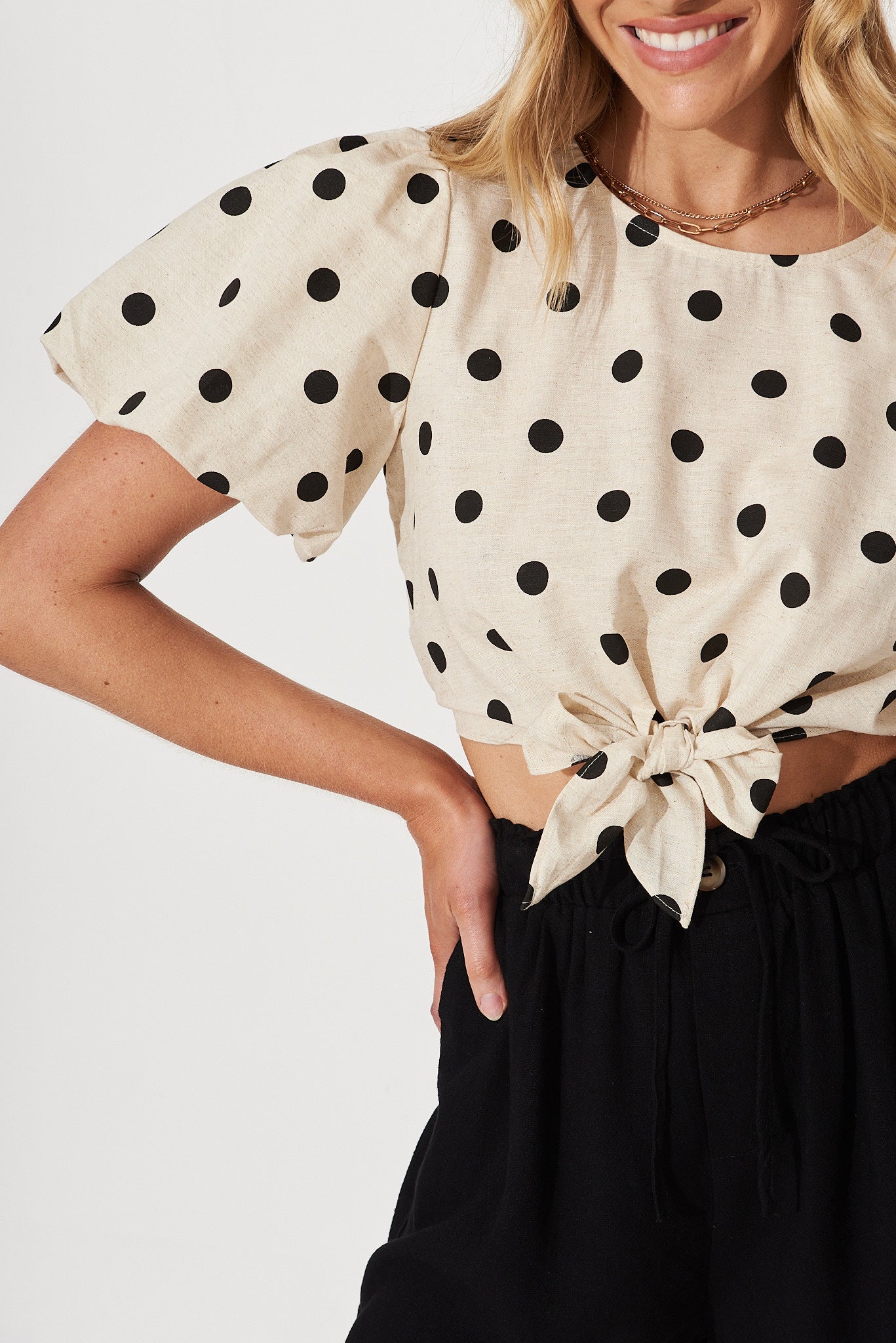 Bell Top In Oatmeal With Black Polka Dot Linen Blend