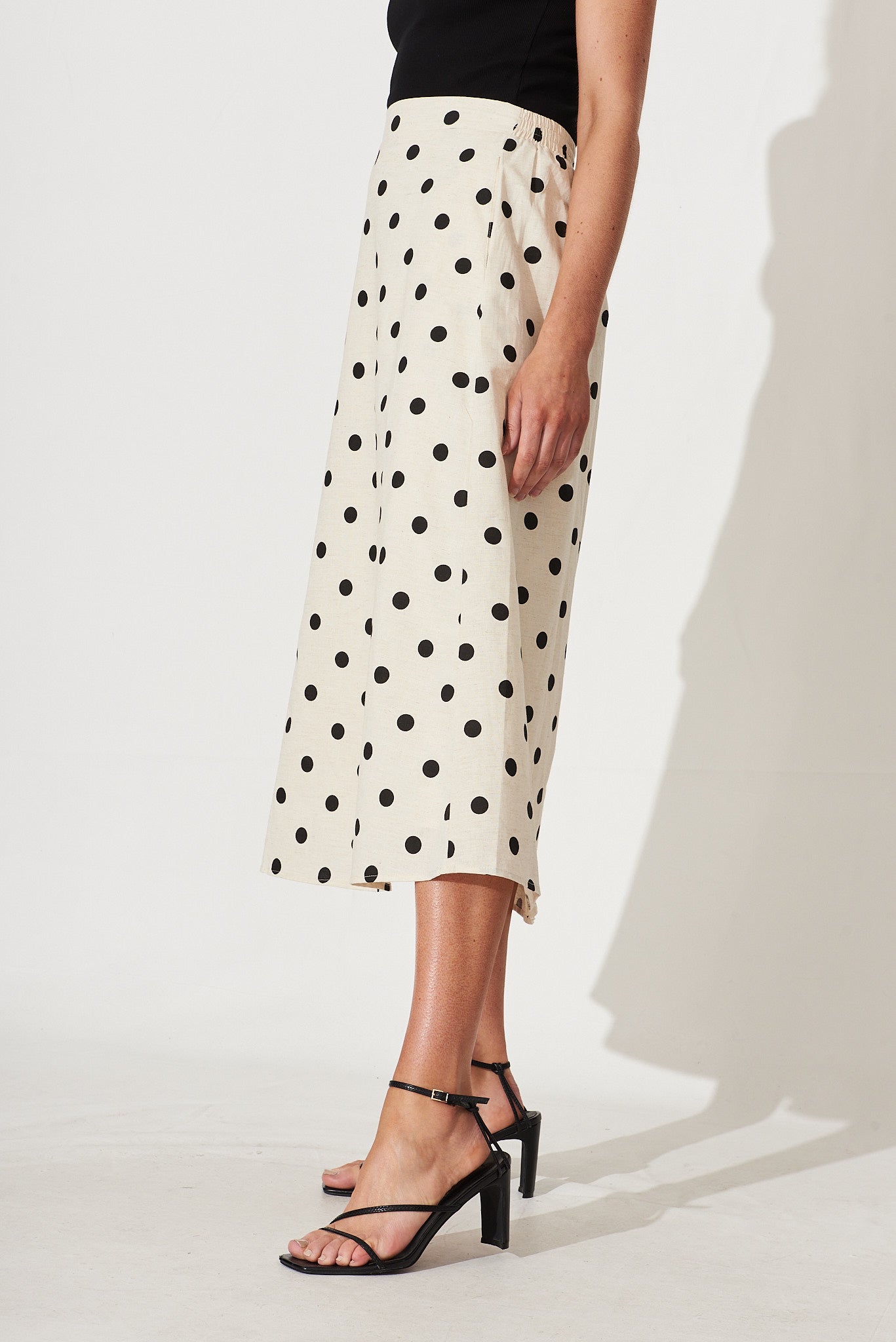 Bellamy Midi Skirt In Oatmeal With Black Polka Dot Linen Blend