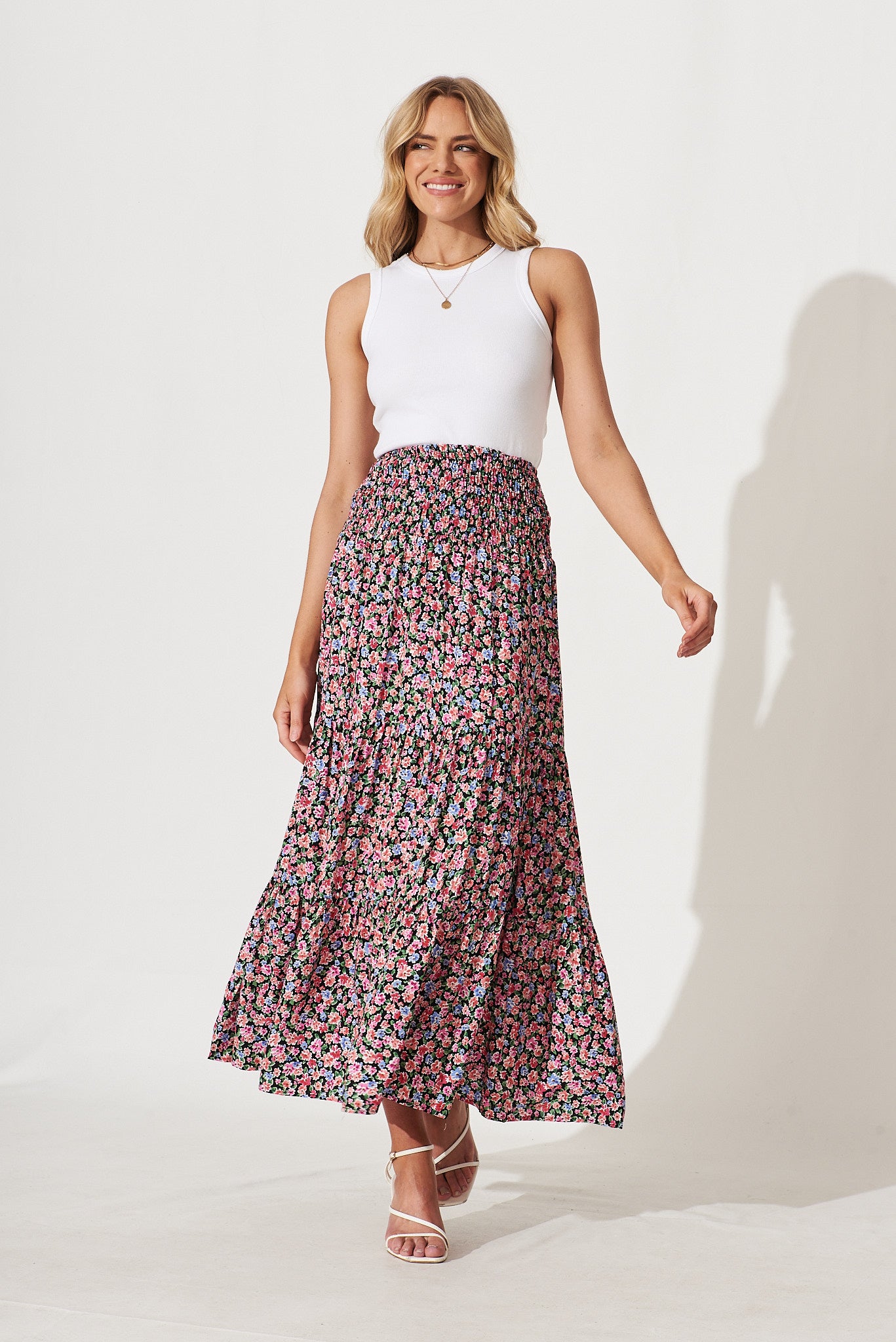 Macarena Maxi Skirt In Black With Multi Floral