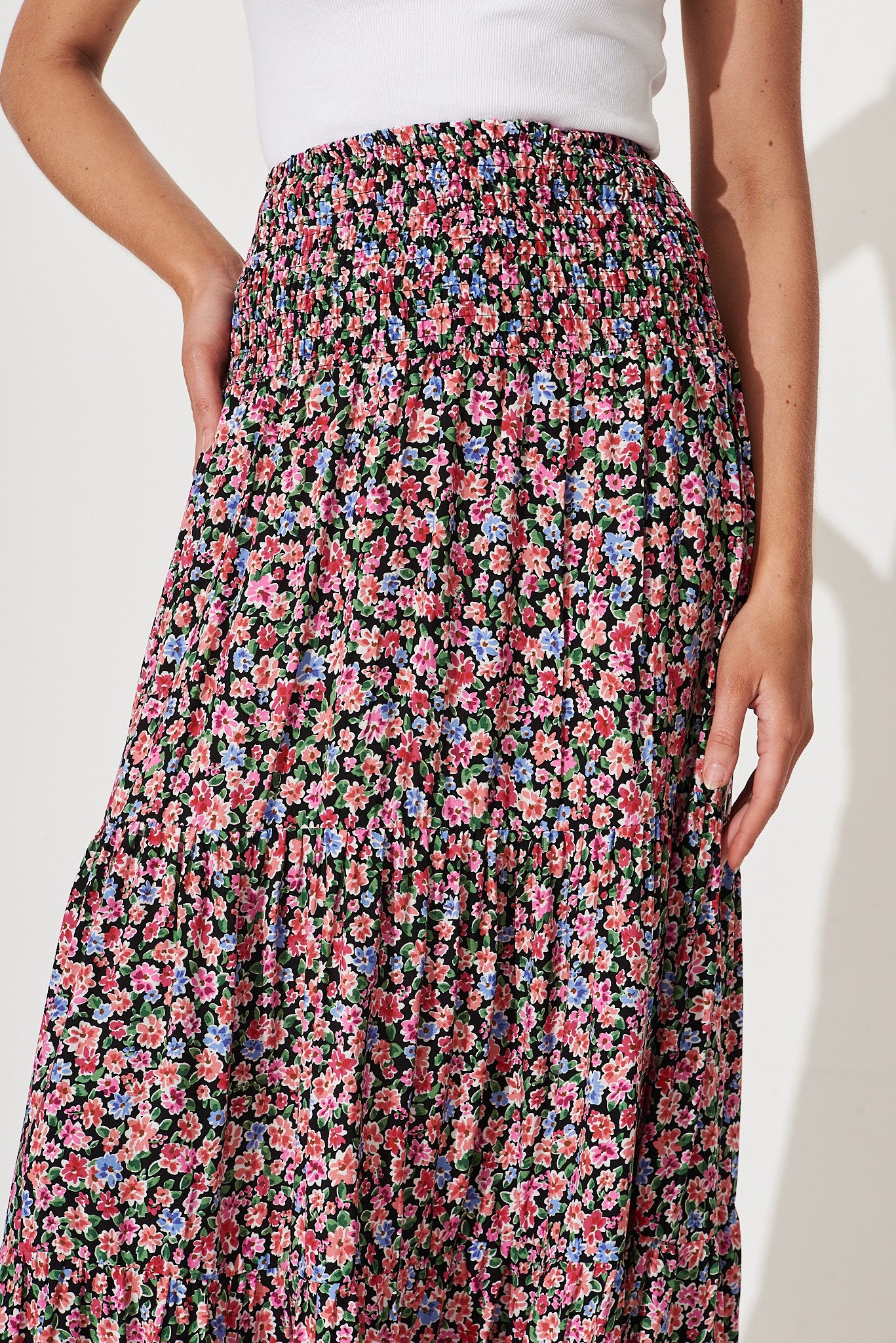 Macarena Maxi Skirt In Black With Multi Floral