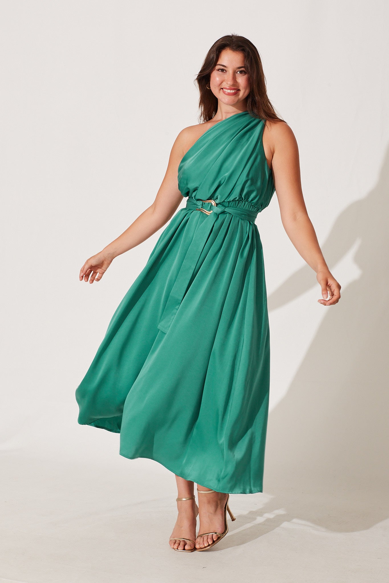 Bernadette One Shoulder Midi Dress In Sea Green Satin