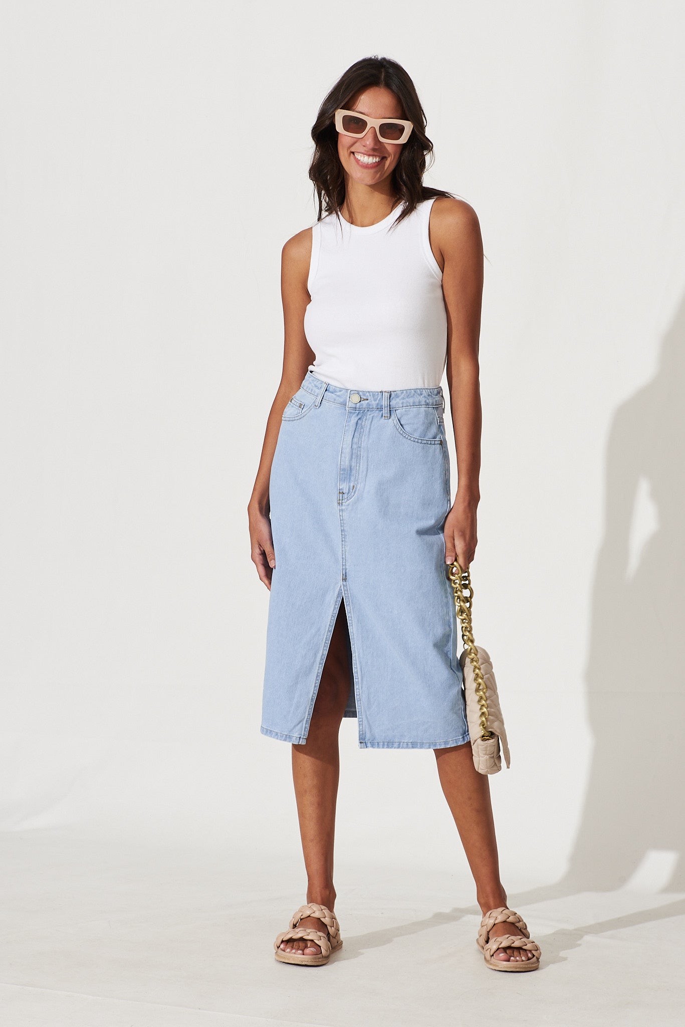 Cha Cha Midi Denim Skirt In Light Blue