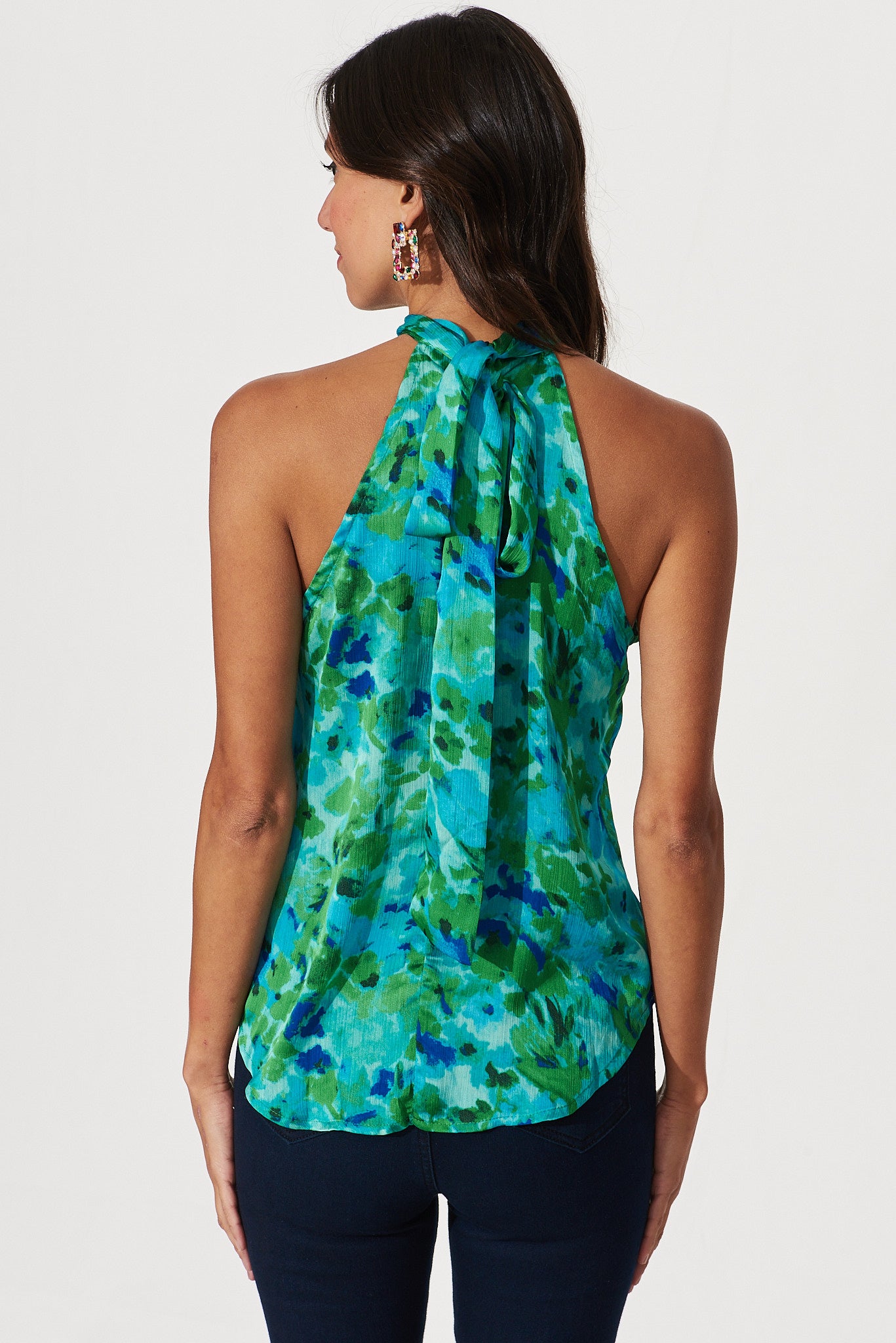 Kiss Kiss Halter Neck Top In Green Watercolour Print Satin