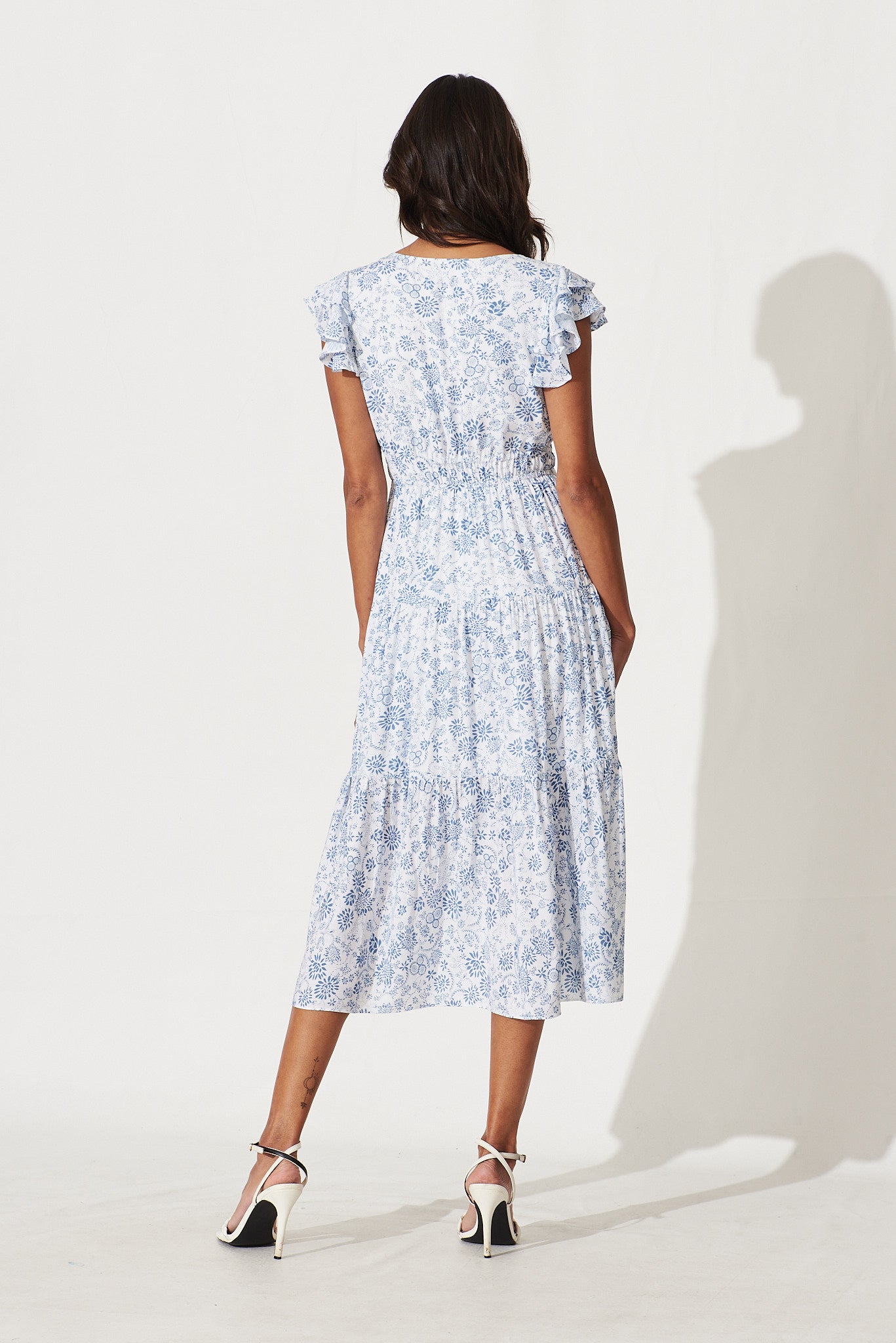 Kona Midi Dress In White With Blue Floral Print