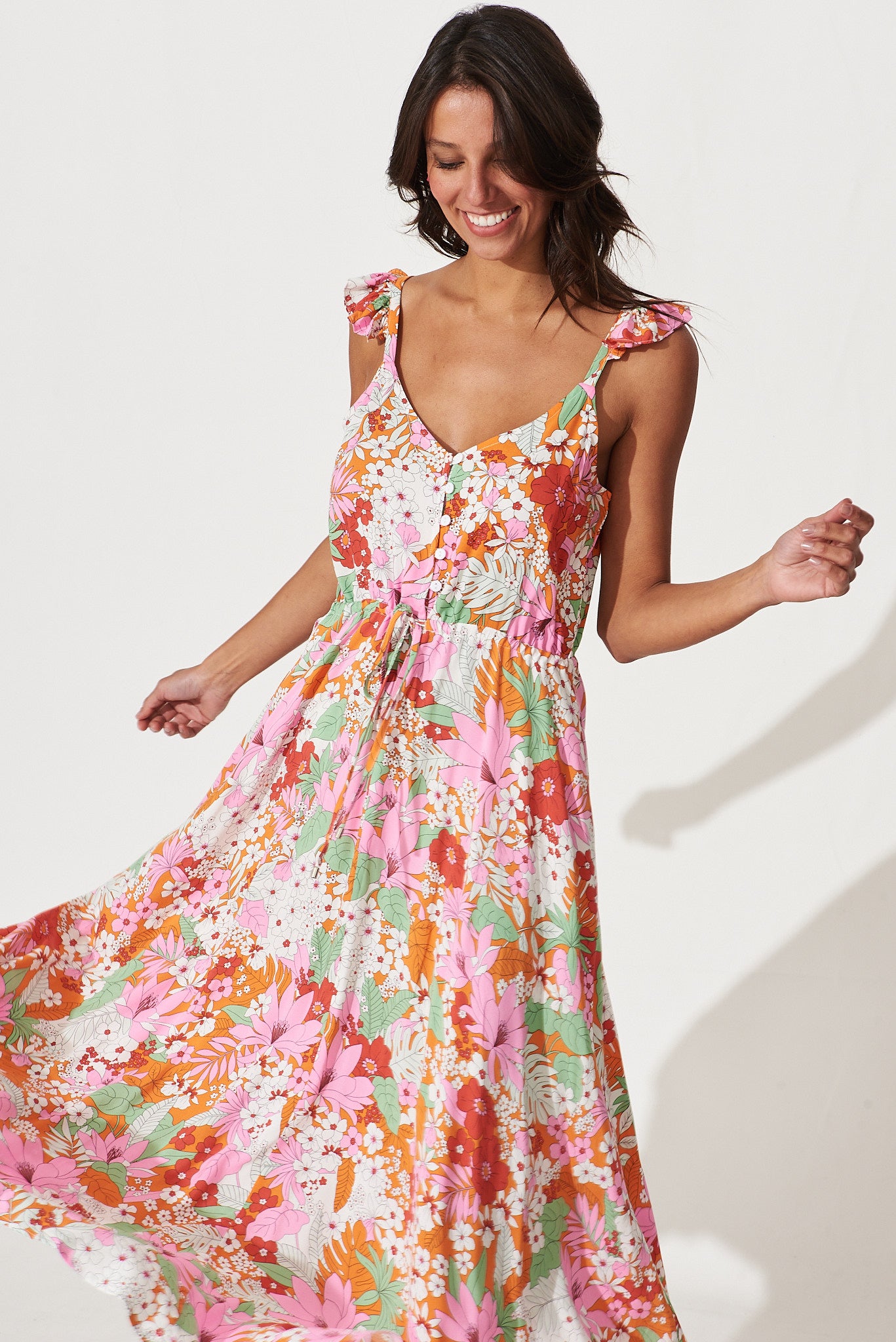 Love Ya Maxi Sundress In Pink And Tangerine Multi Floral