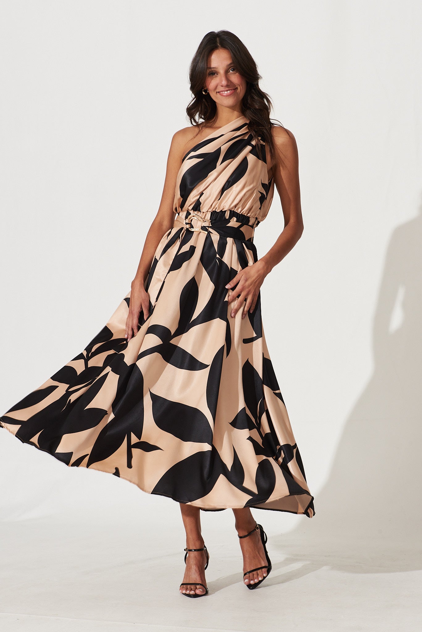 Bernadette One Shoulder Midi Dress In Brown With Black Print Satin