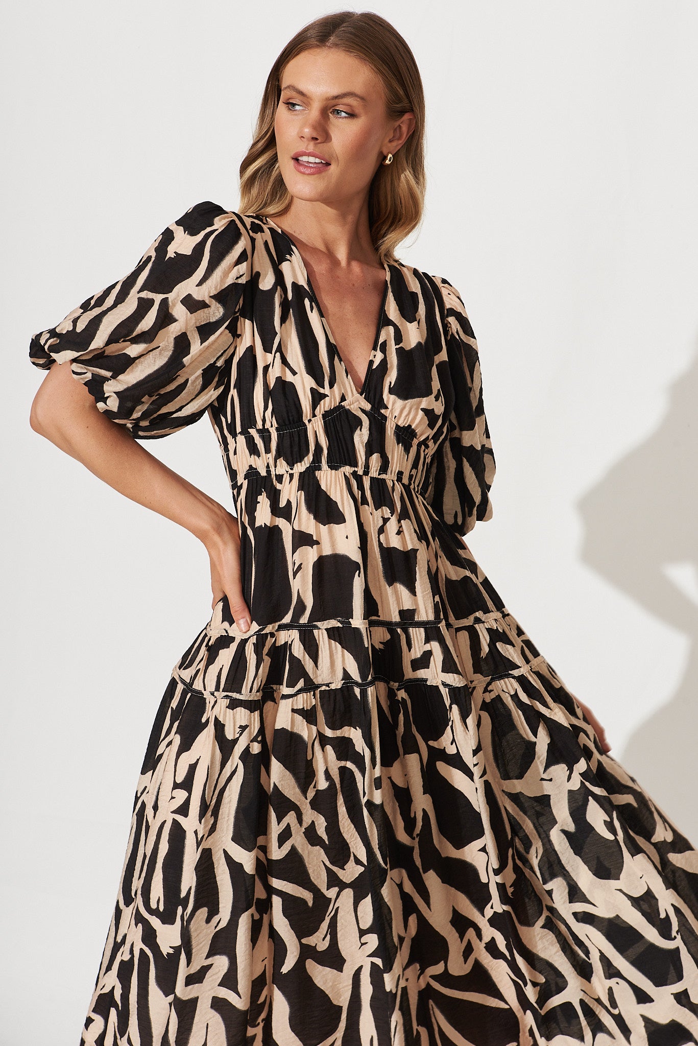 Amalie Midi Dress In Black With Beige Swirl Print