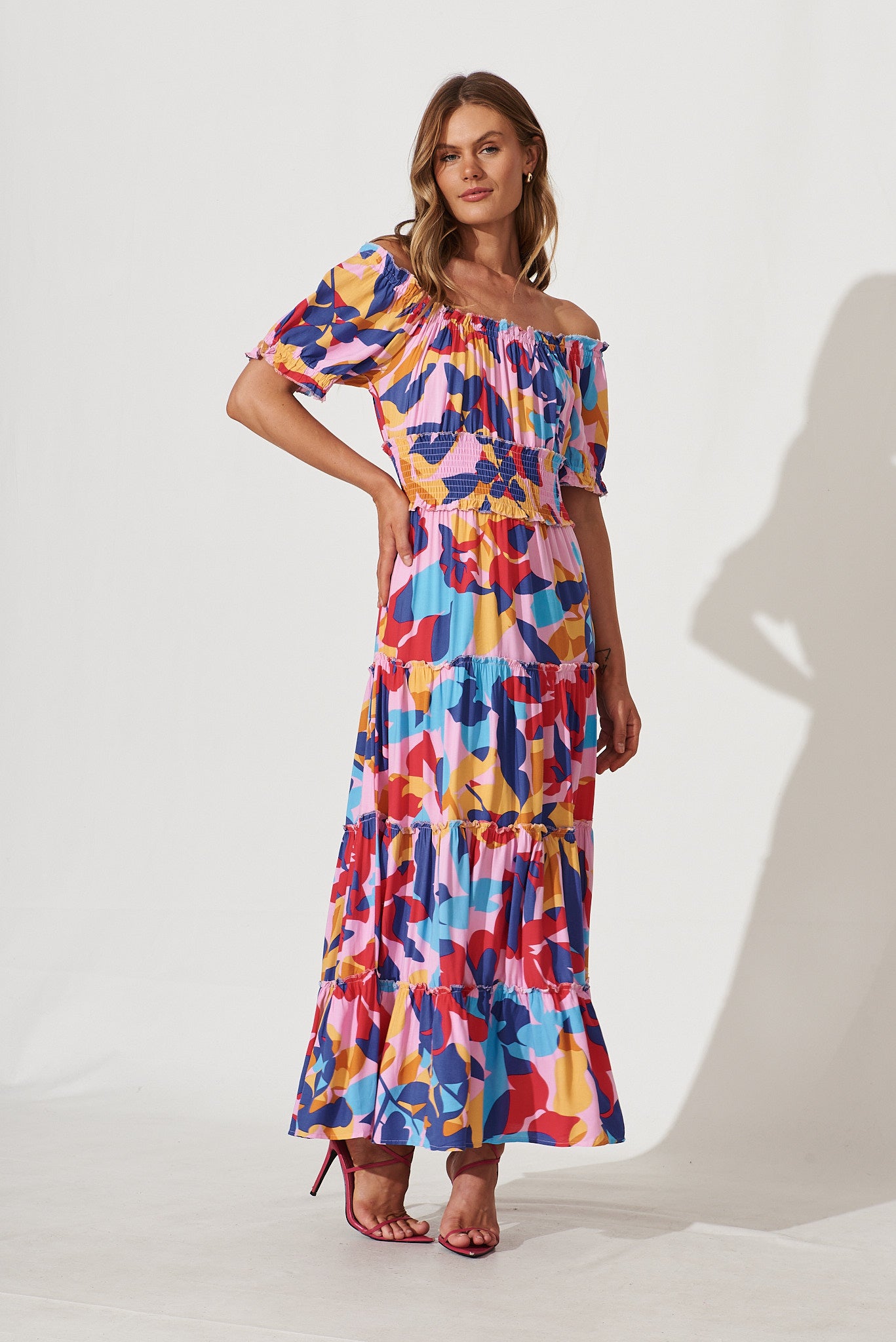 Justina Maxi Dress In Bright Multi Leaf Print