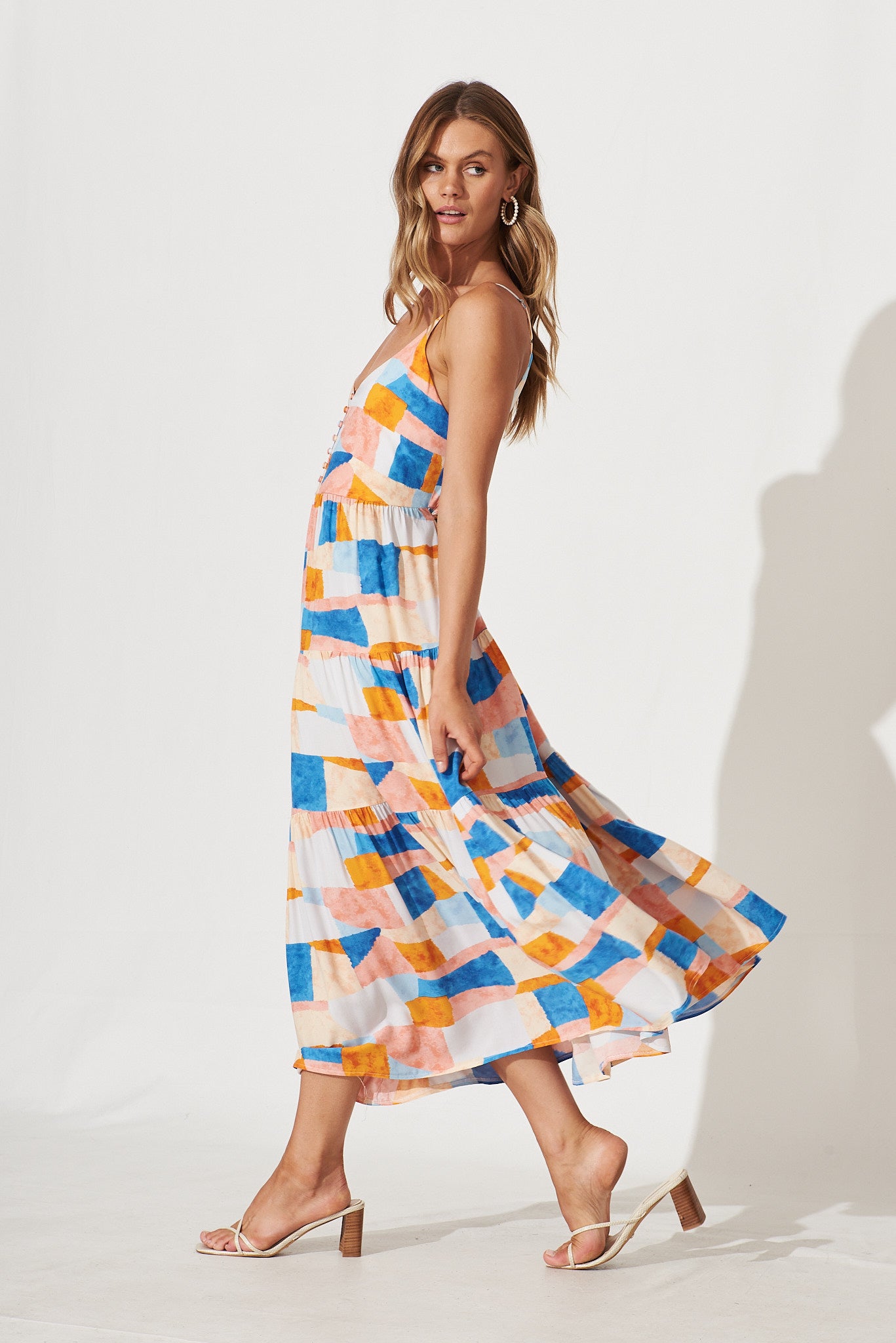 Malinda Maxi Sundress In Abstract Squares Print