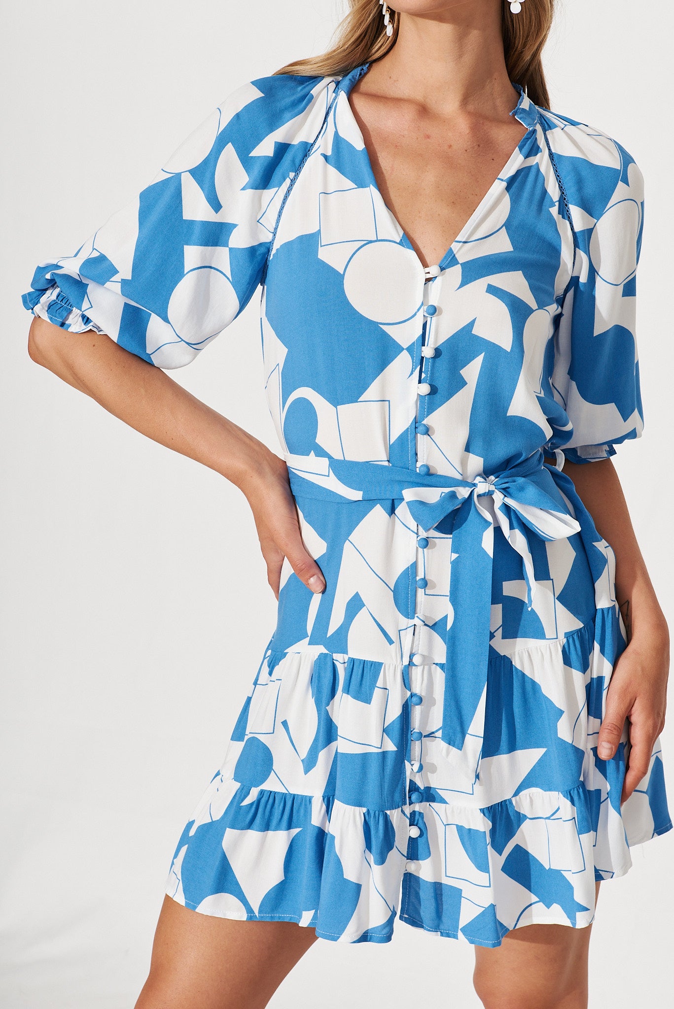 Love Ya Dress In Blue And White Geometric Print