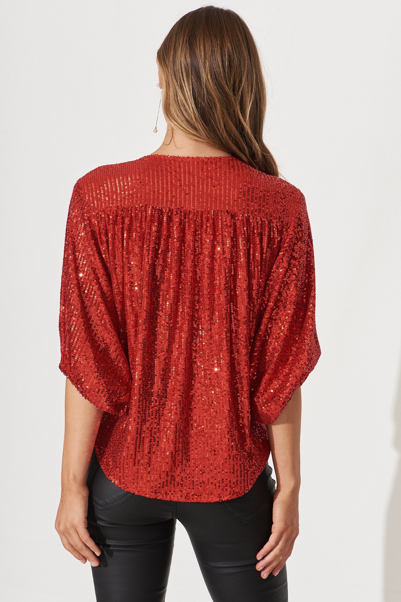 Celebration Sequin Mock Wrap Top In Red