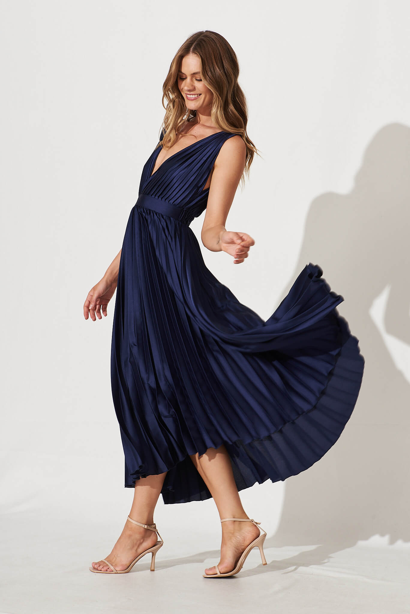 Anette Midi Dress In Pleated Navy Satin