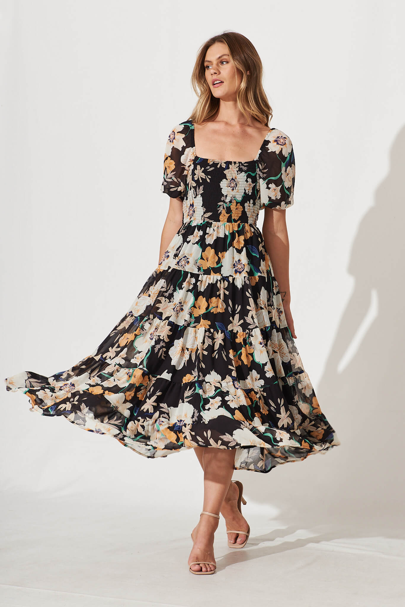 Kaito Midi Dress In Black With Cream Multi Floral Print