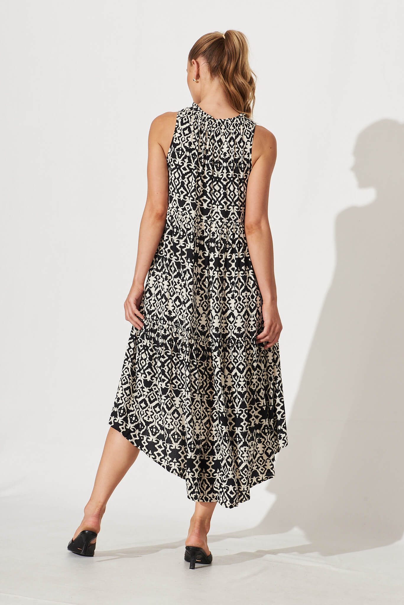 Abbotsford Midi Smock Dress In Black Geometric Print