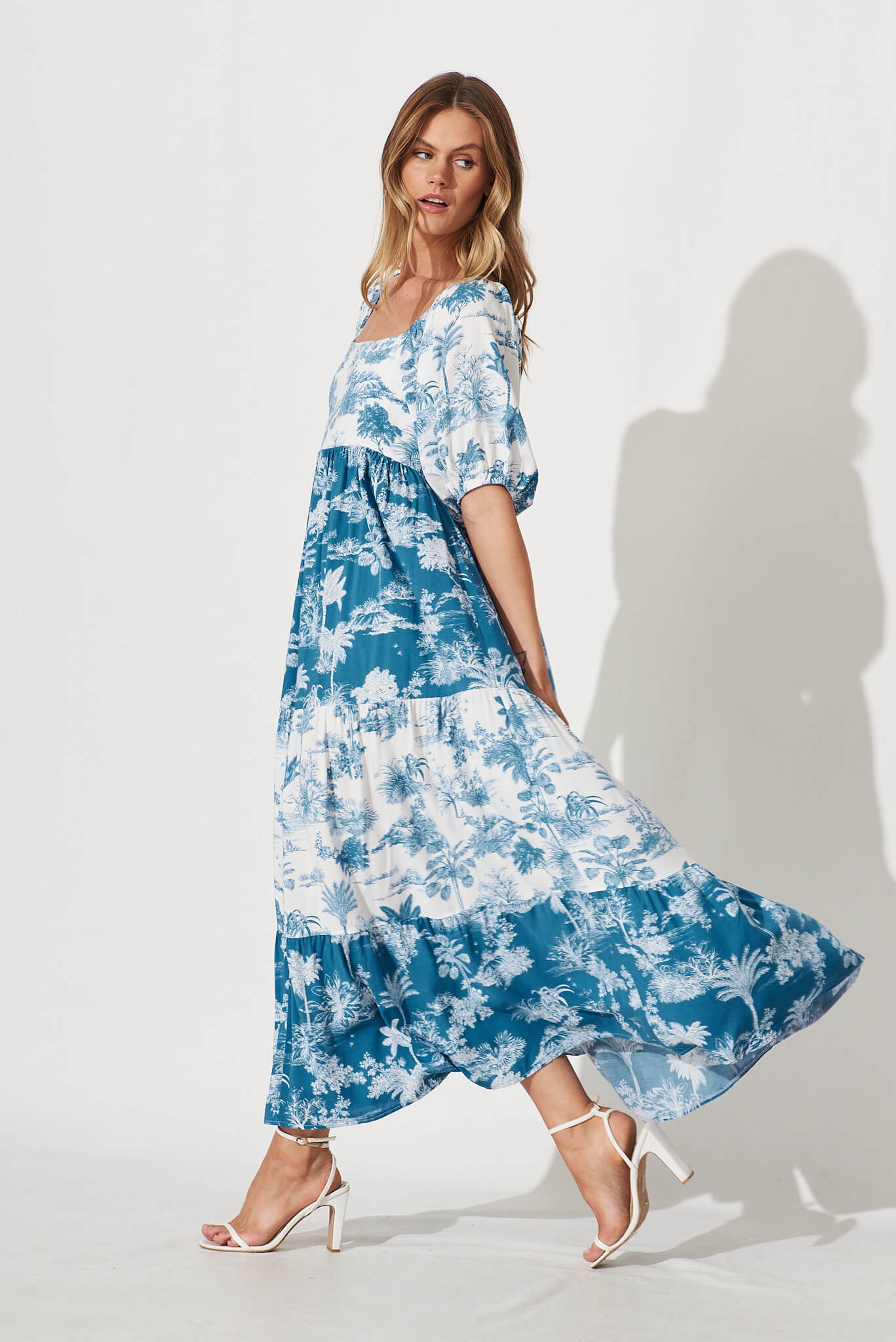 Atlantis Maxi Dress In Blue With White Palm Print