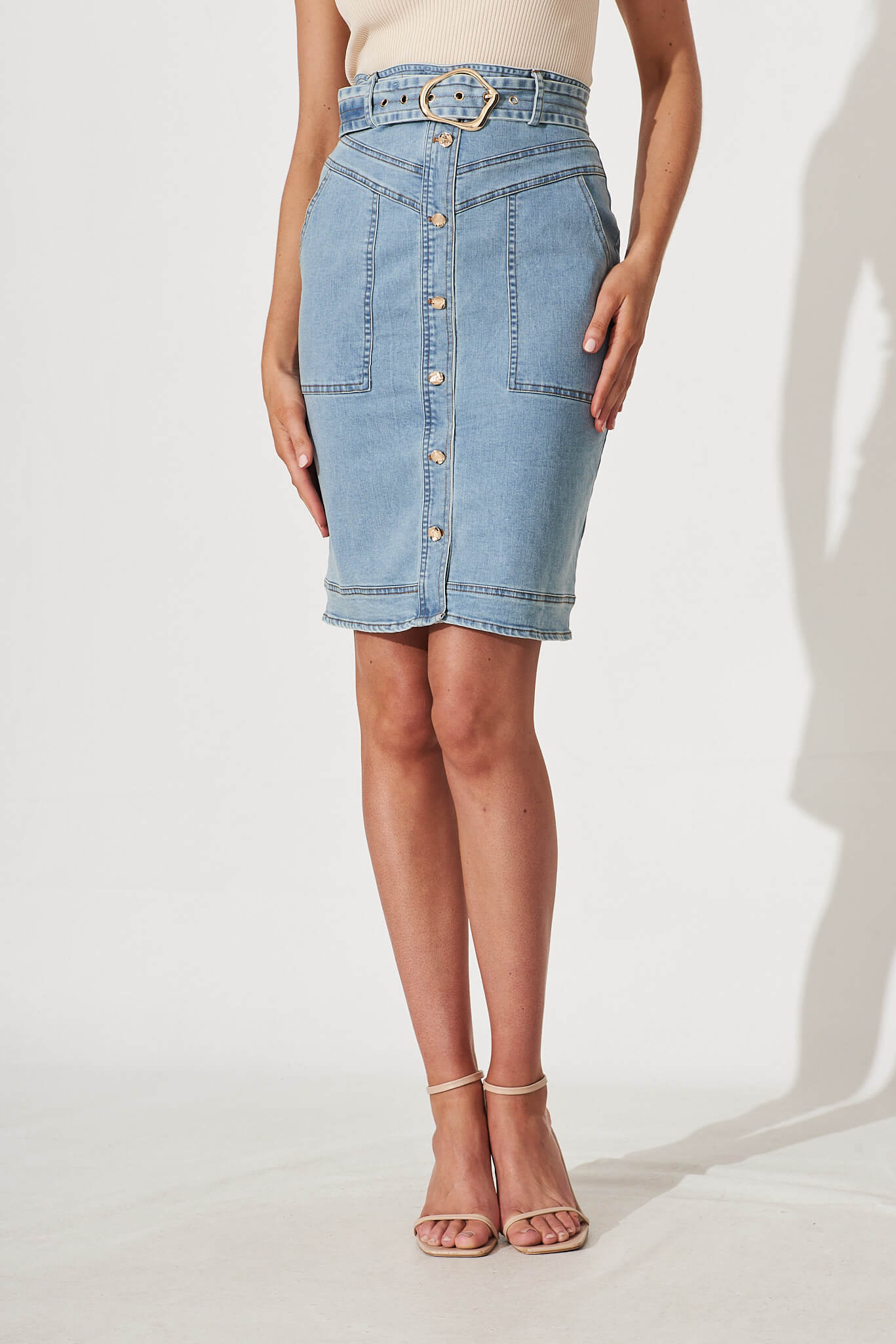 Arabella Denim Skirt With Belt In Mid Blue