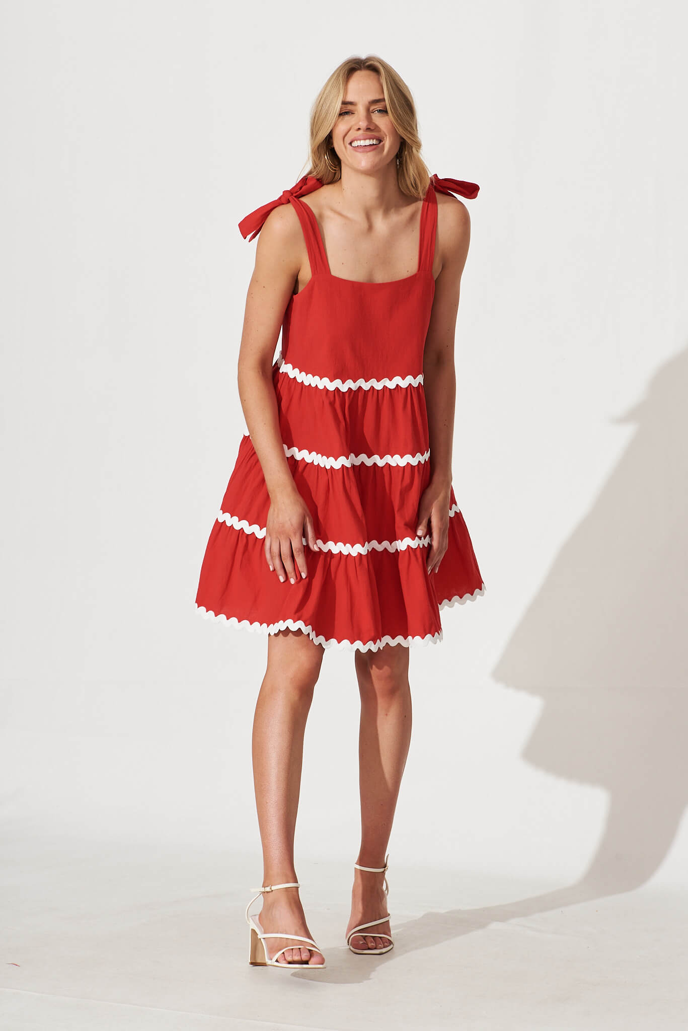 Claus Dress In Red With White Ric Rac Trim Cotton