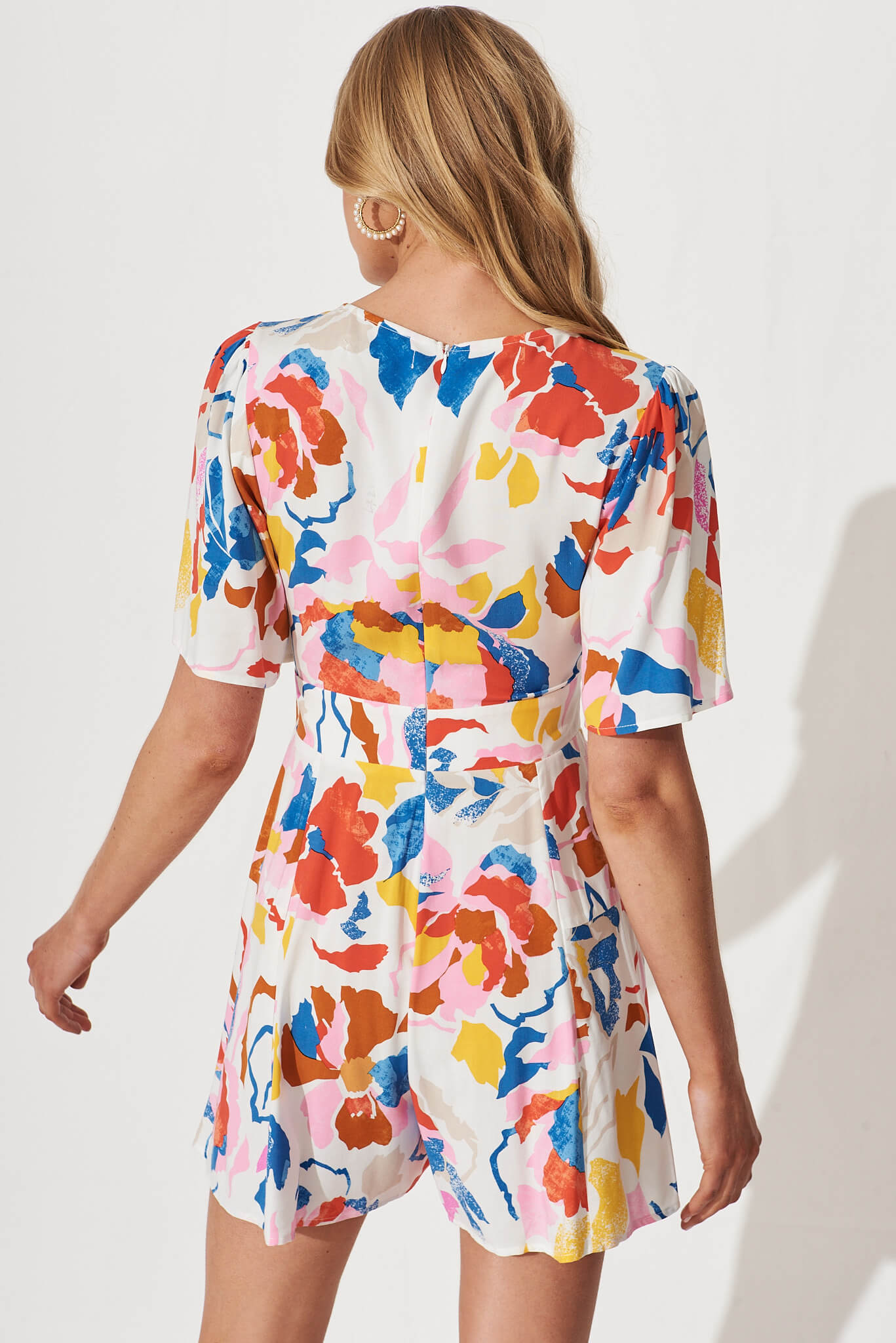 Lovebird Playsuit In White With Bright Multi Floral