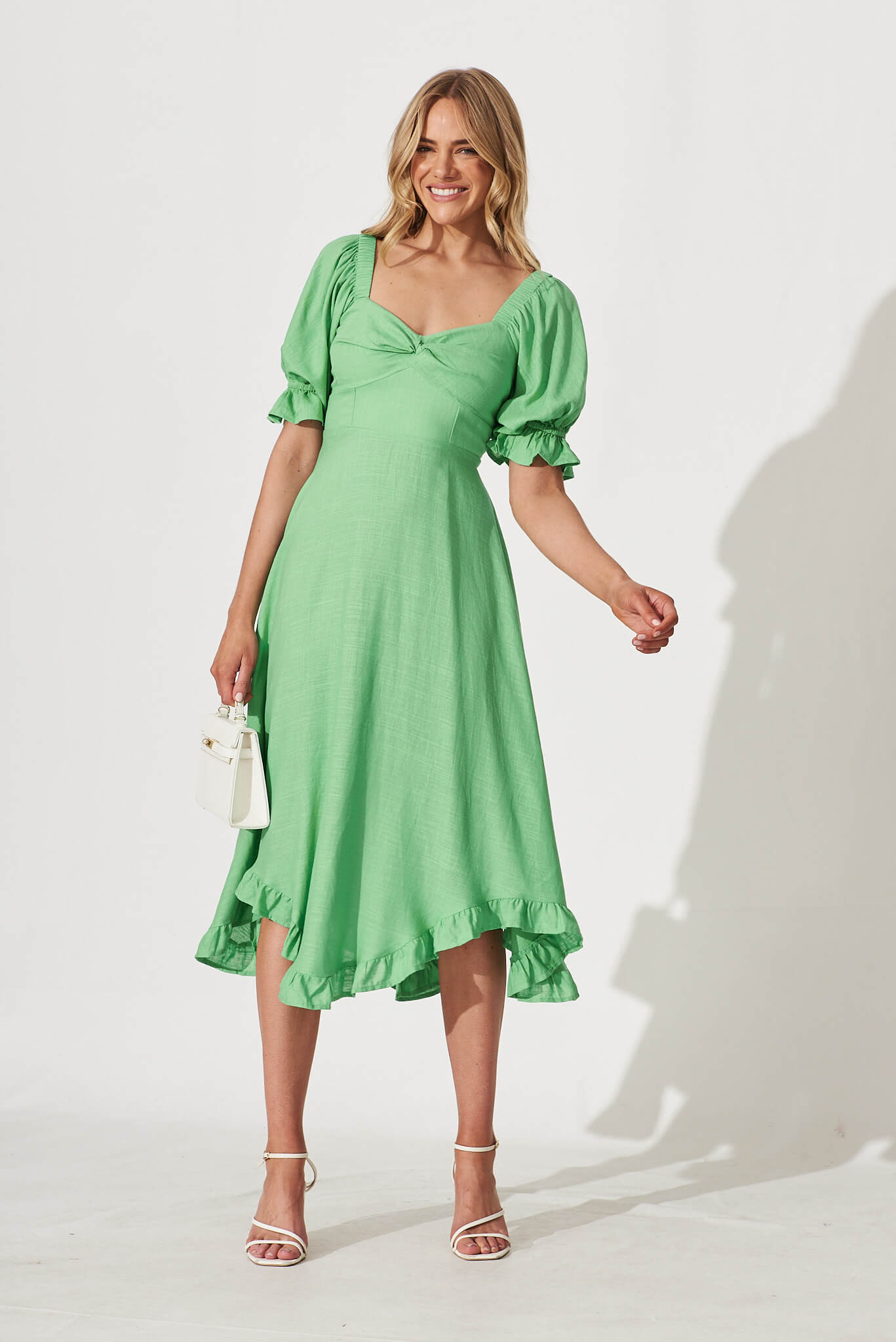 Bonjour Midi Dress In Green Linen Blend