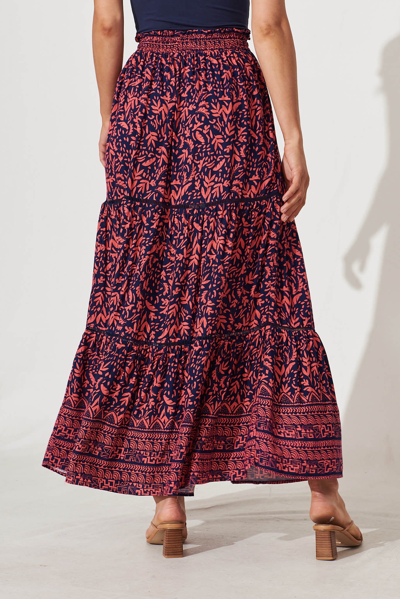 Freedom Maxi Skirt In Navy With Coral Border Print