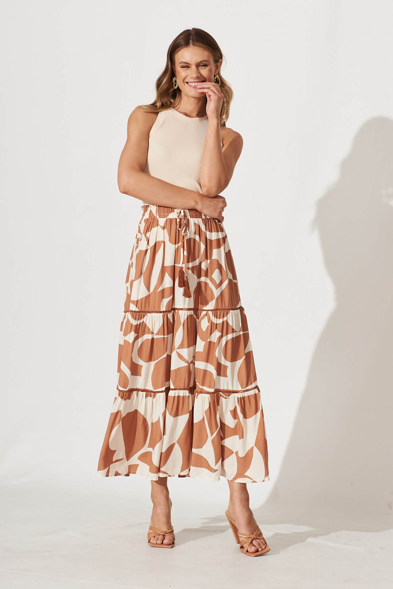 Freedom Maxi Skirt In Tan With Cream Geometric Print