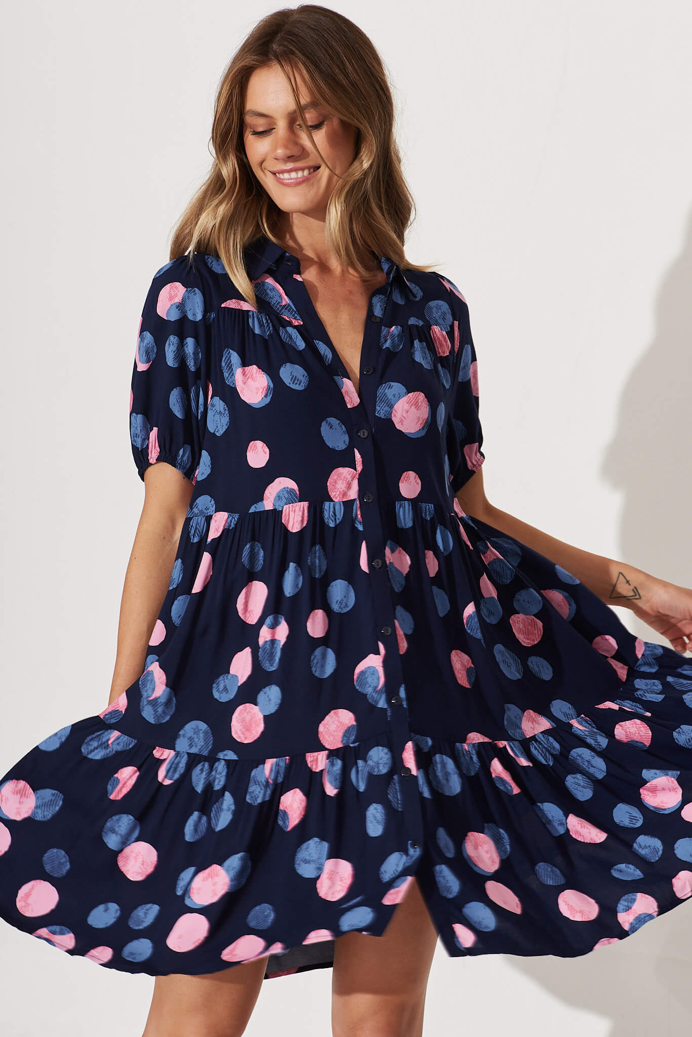 Felicia Smock Shirt Dress In Navy With Pink And Blue Spot