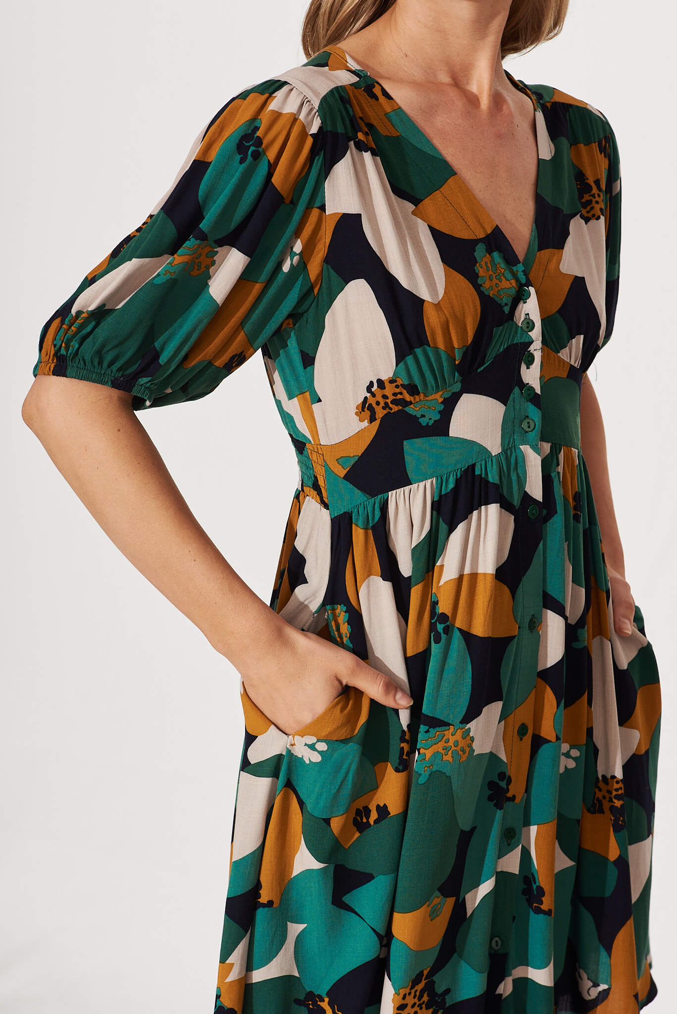 Laurie Dress In Teal With Mustard Print