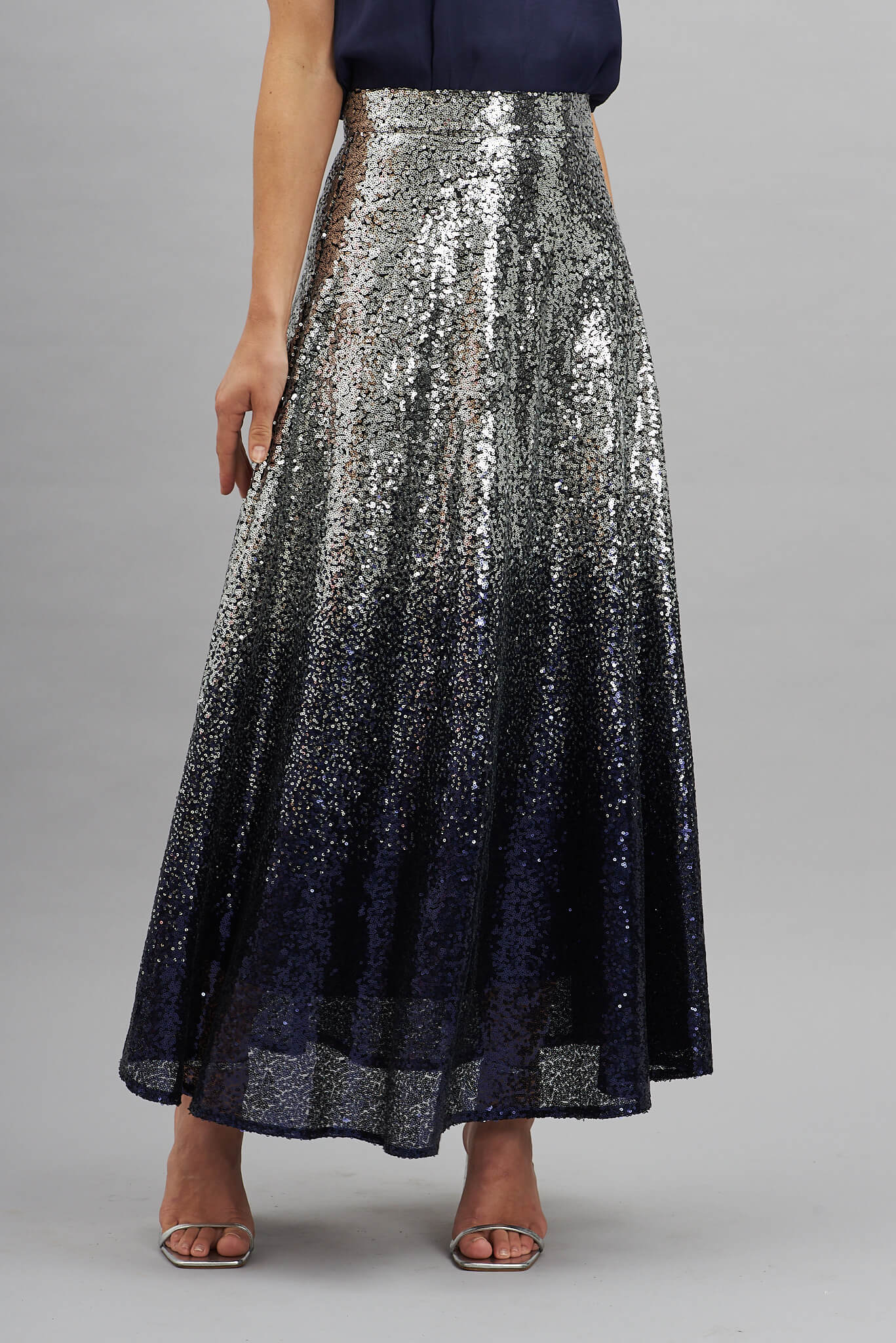 Exquisite Maxi Skirt In Silver With Navy Ombre Sequin