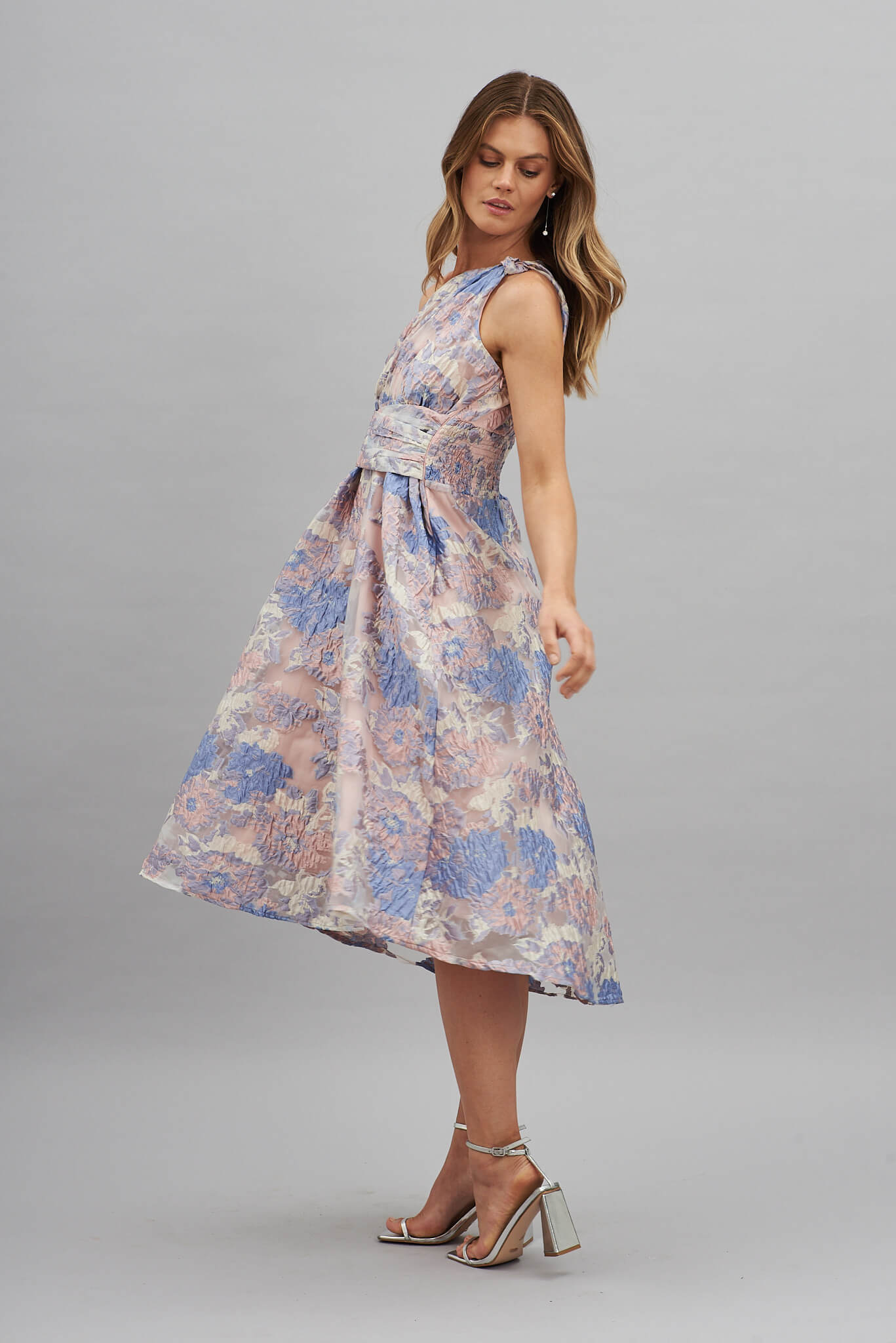 Majestic One Shoulder Midi Dress In Silver With Pink And Lilac Organza Floral