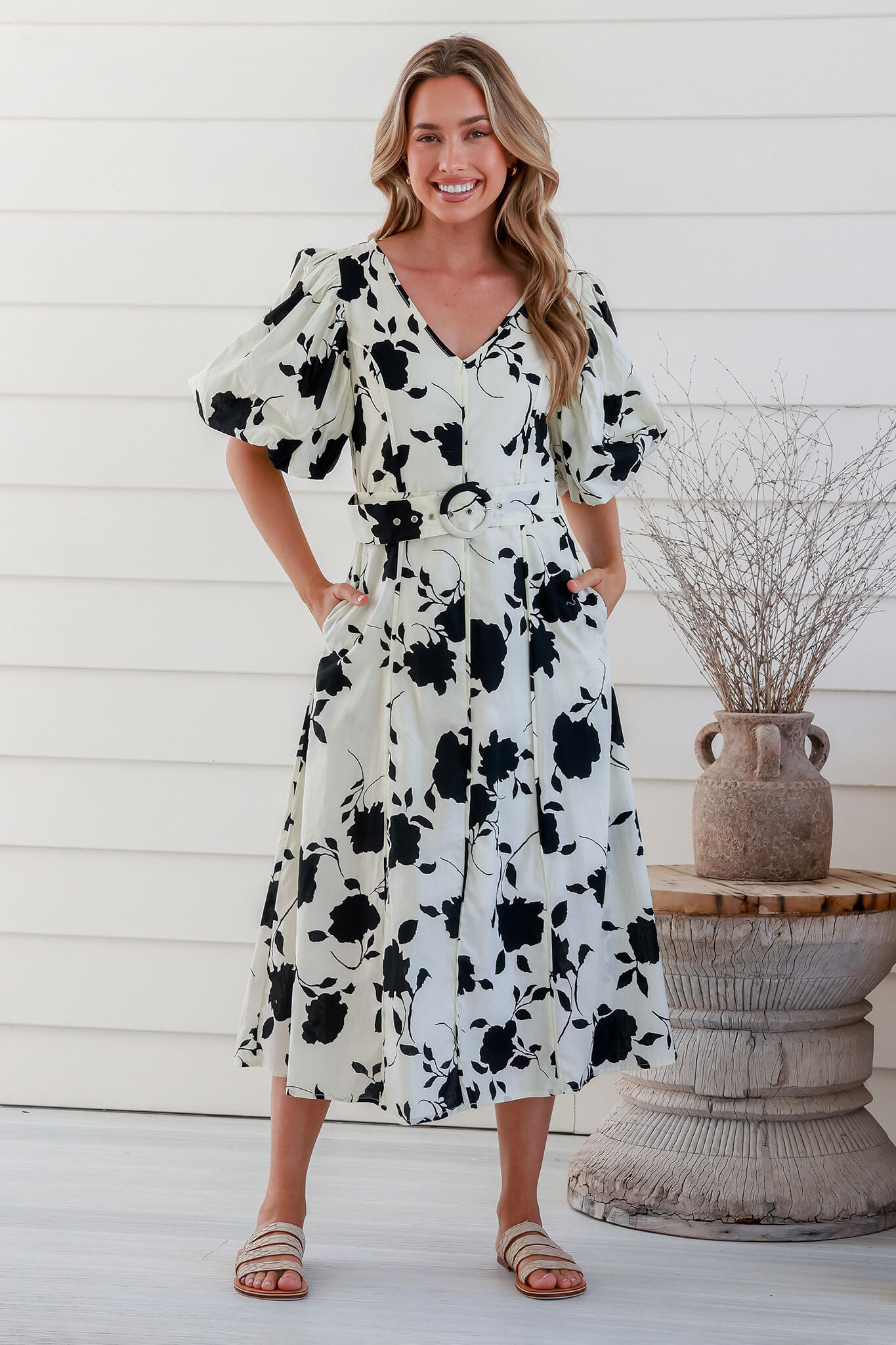 Ferndale Midi Dress In Cream With Black Floral Cotton