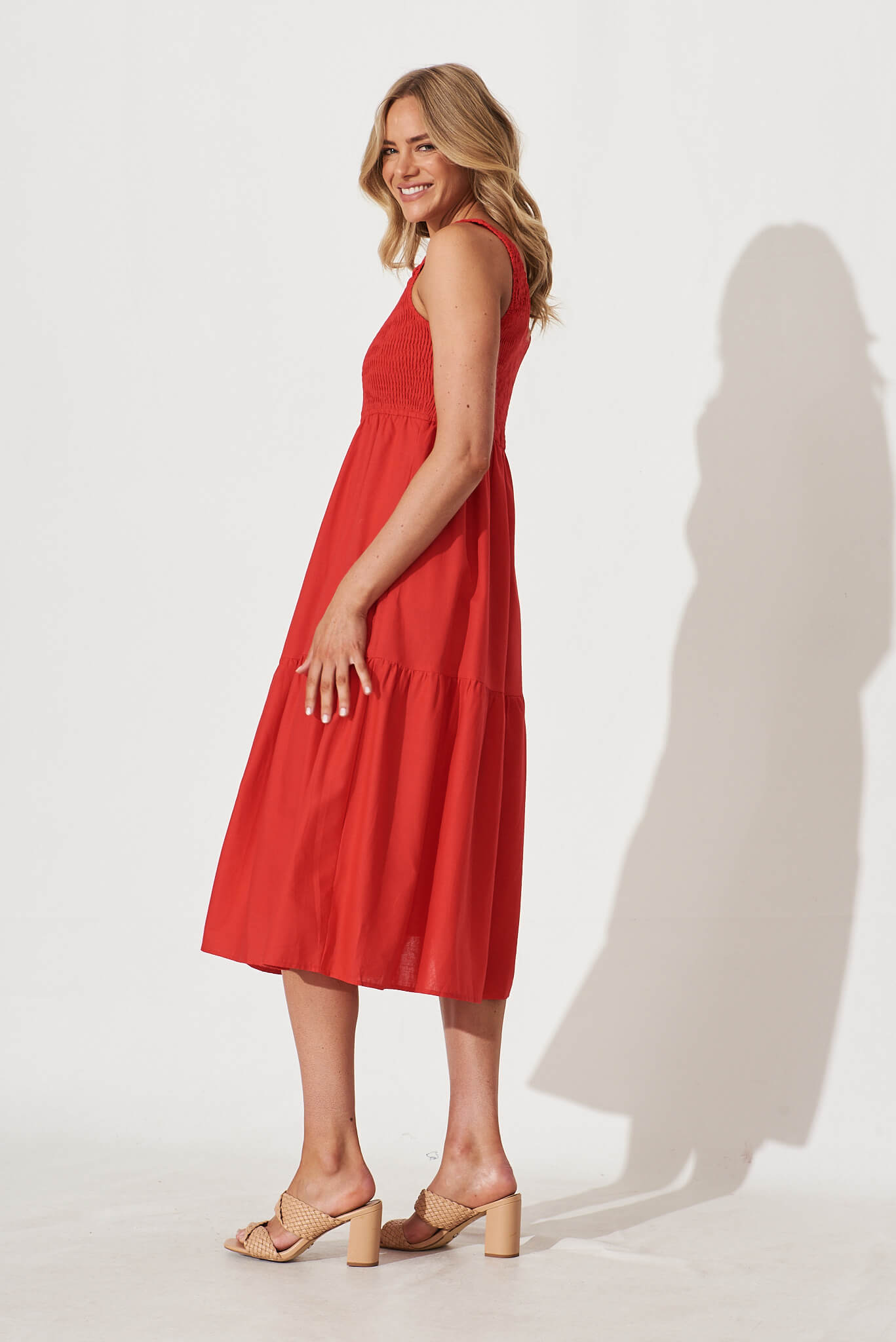 Caribbean Midi Dress In Red Cotton Linen