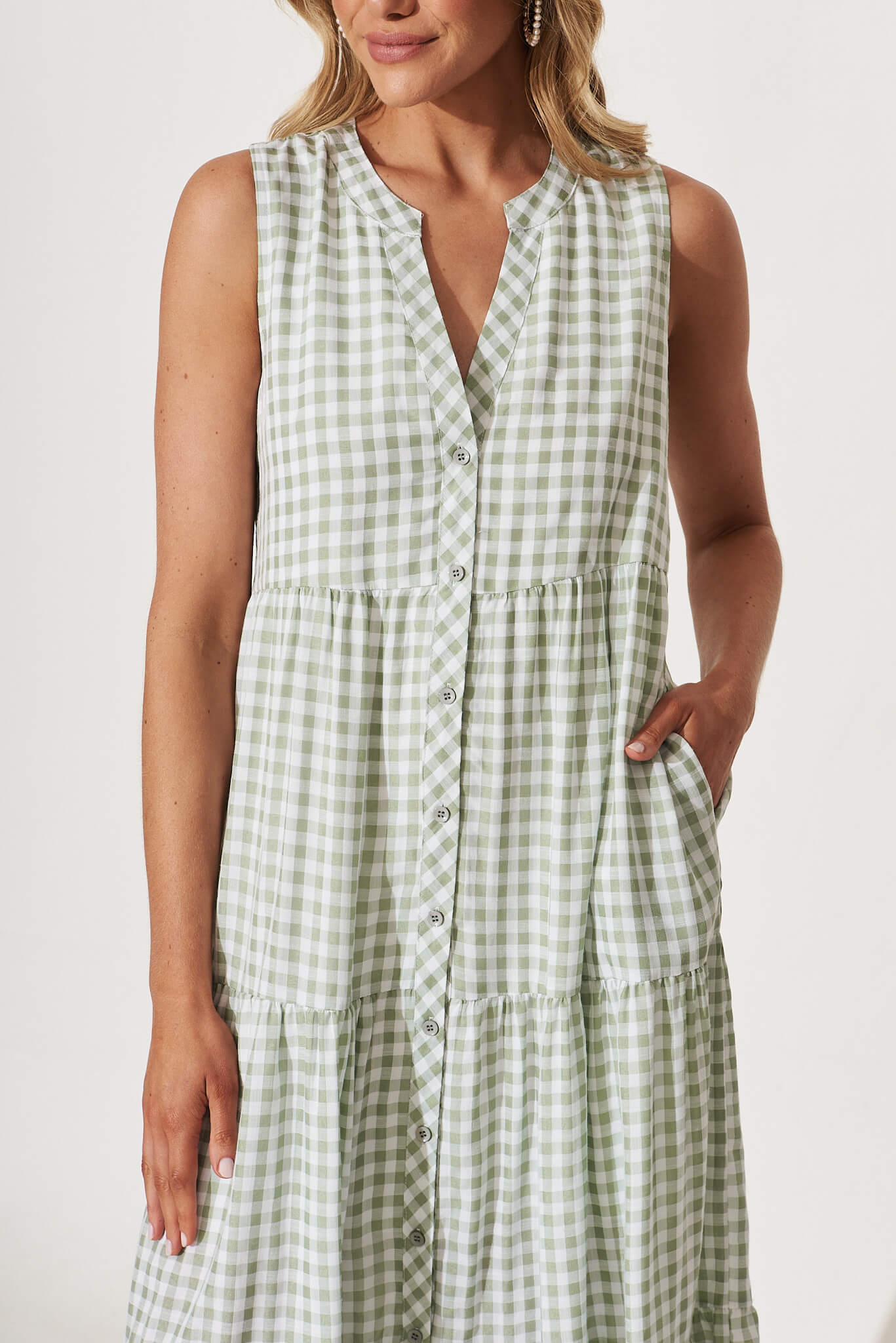 Jolly Midi Smock Dress In Green Gingham Check Cotton Blend