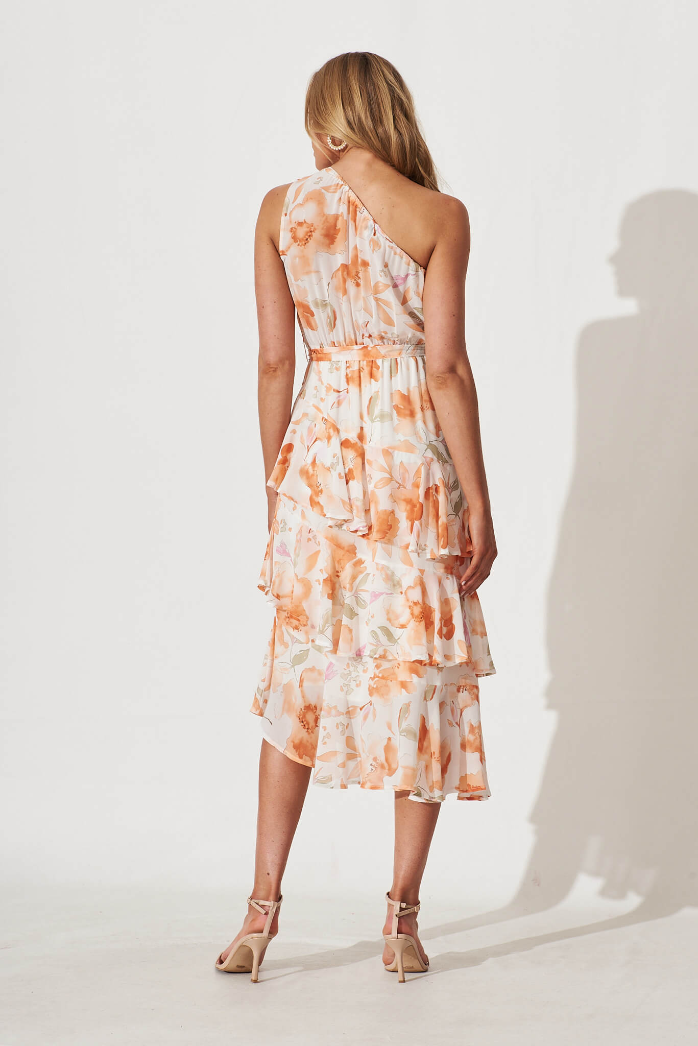 Barnett One Shoulder Midi Dress In White With Orange Floral