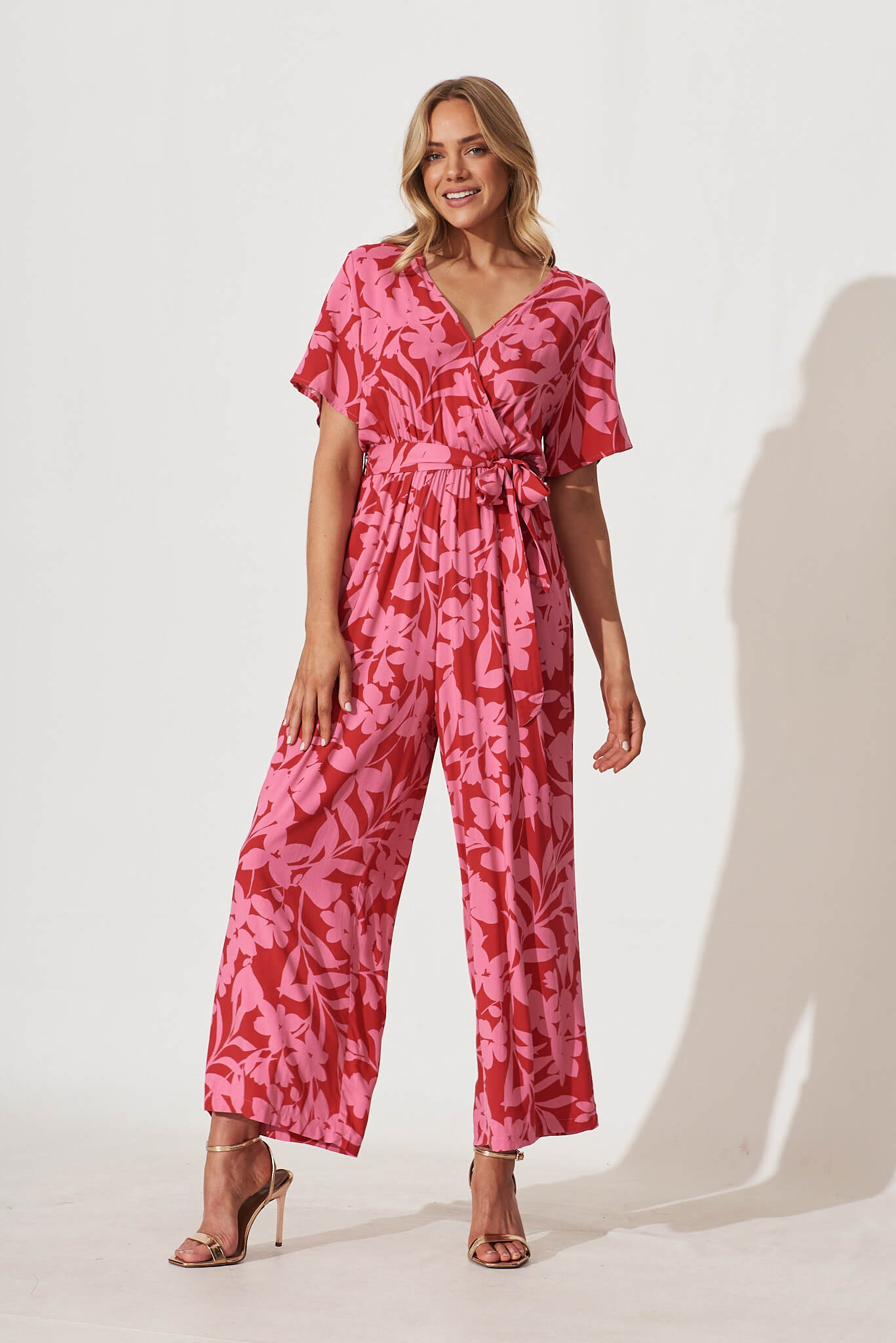 Calliope Jumpsuit In Red With Pink Floral Print