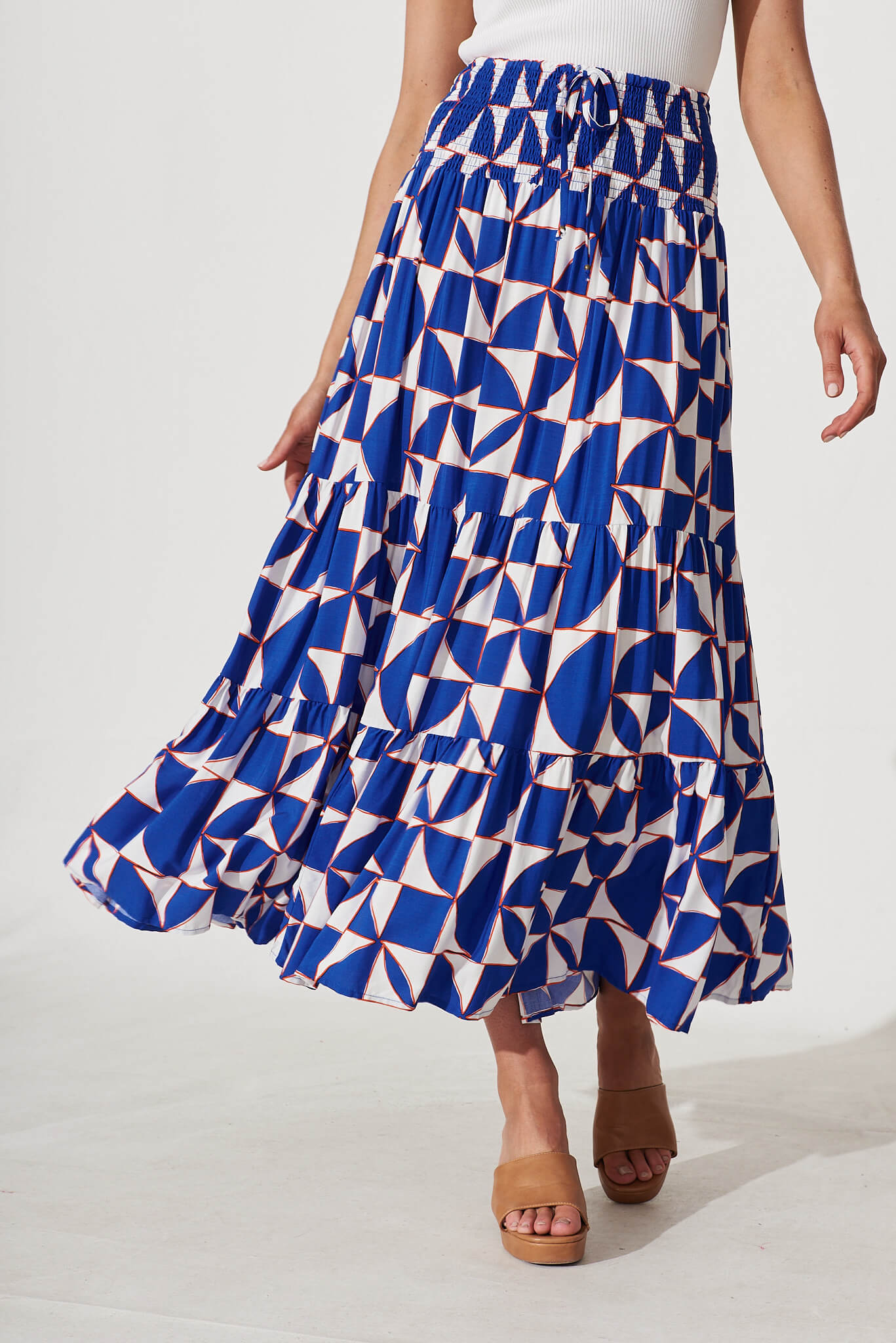 Leticia Maxi Skirt In Blue With White Geometric Print