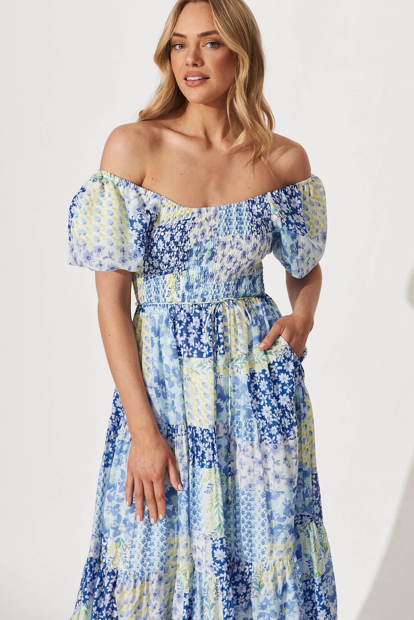 Butterfly Midi Dress In Blue Patchwork Floral