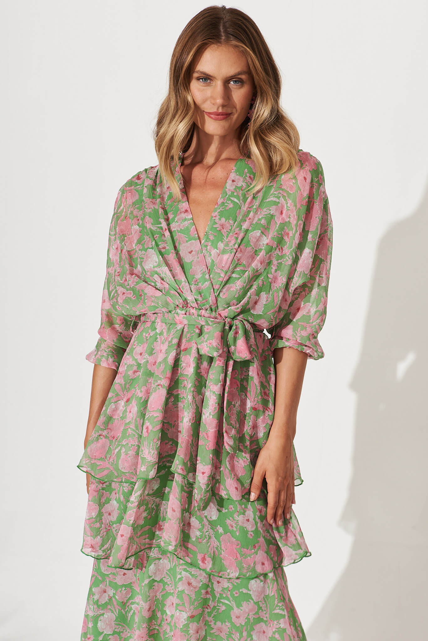 Jenner Midi Dress In Green With Pink Floral Chiffon