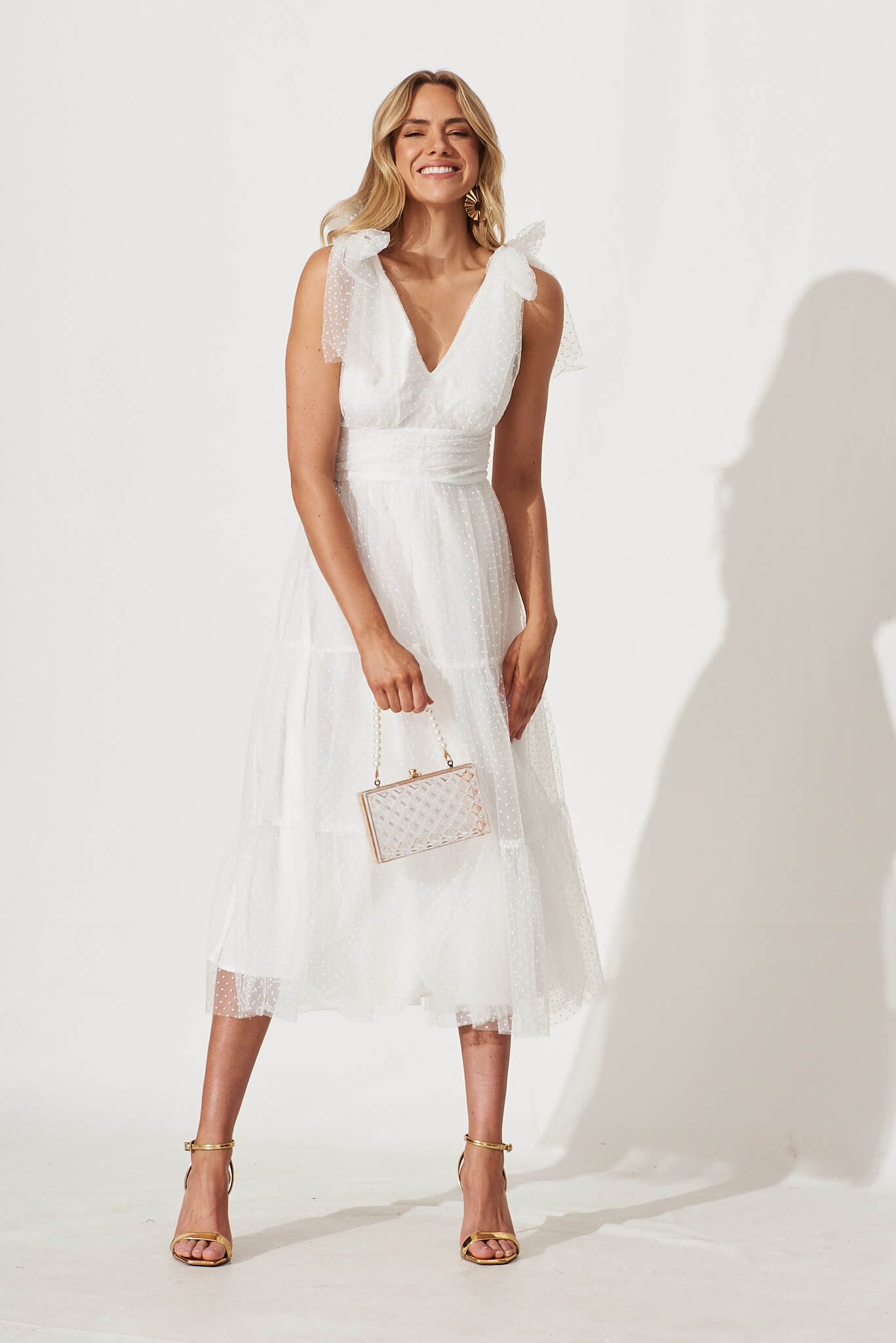 Aubrey Midi Dress In White Spot Tulle