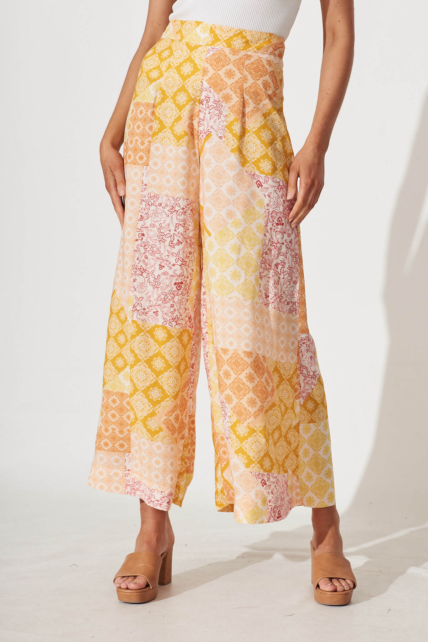 Mahalo Wide Leg Pant In Orange With Yellow Multi